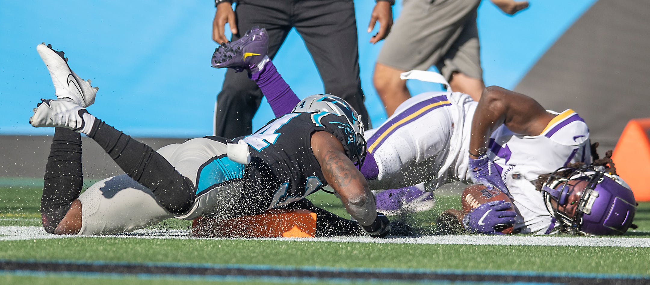 Vikings wide receiver K.J. Osborn (17) reached over for a touchdown in overtime to clench a 34 to 28 win, Sunday, October 17, 2021 in Charlotte.