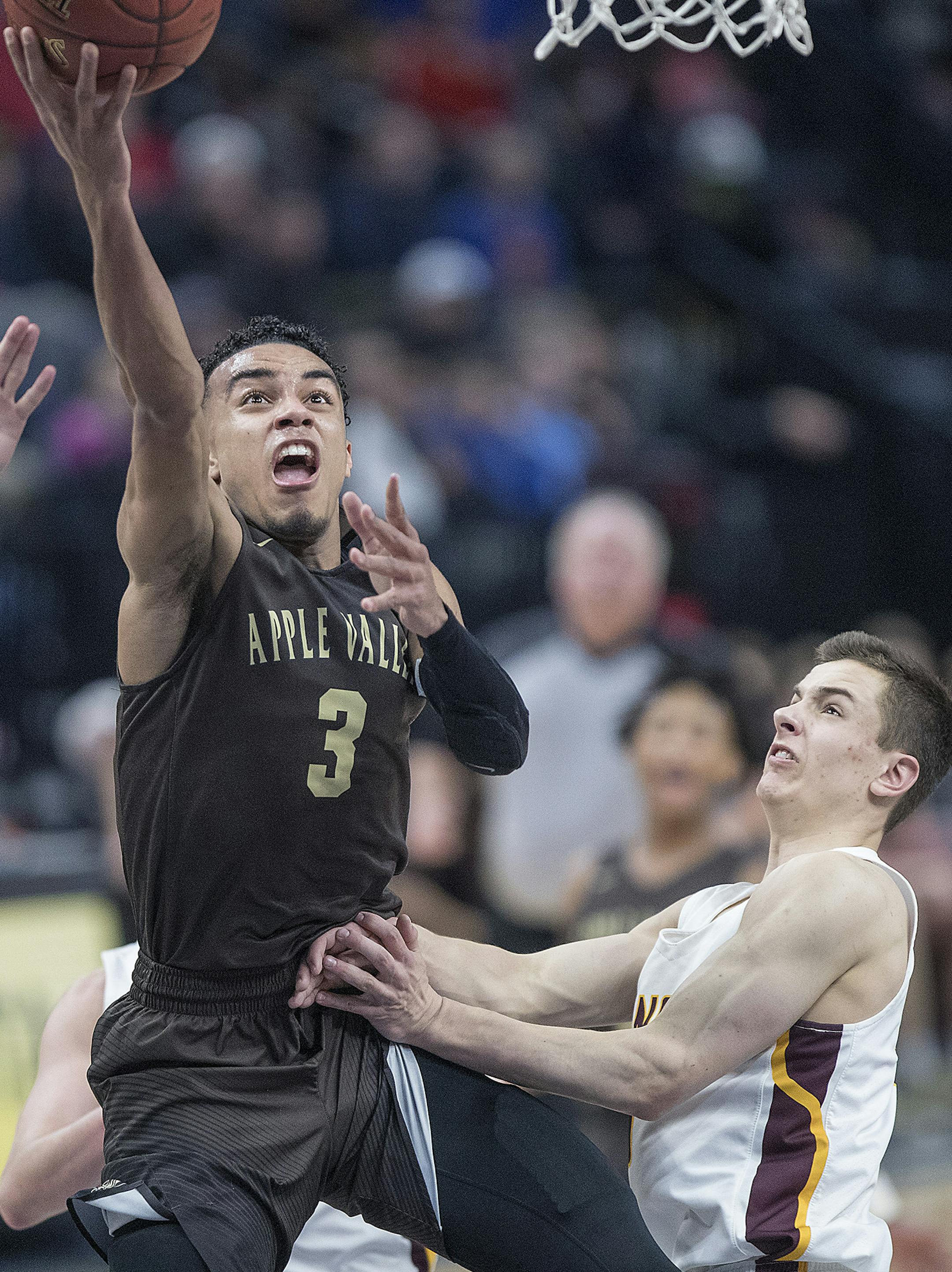 Apple Valley's Tre Jones went up for two above Forest Lake's Hunter Damon during the first half in a Class 4A quarterfinal at Target Center, Wednesday, March 21, 2018 in Minneapolis, MN. ] ELIZABETH FLORES ï liz.flores@startribune.com