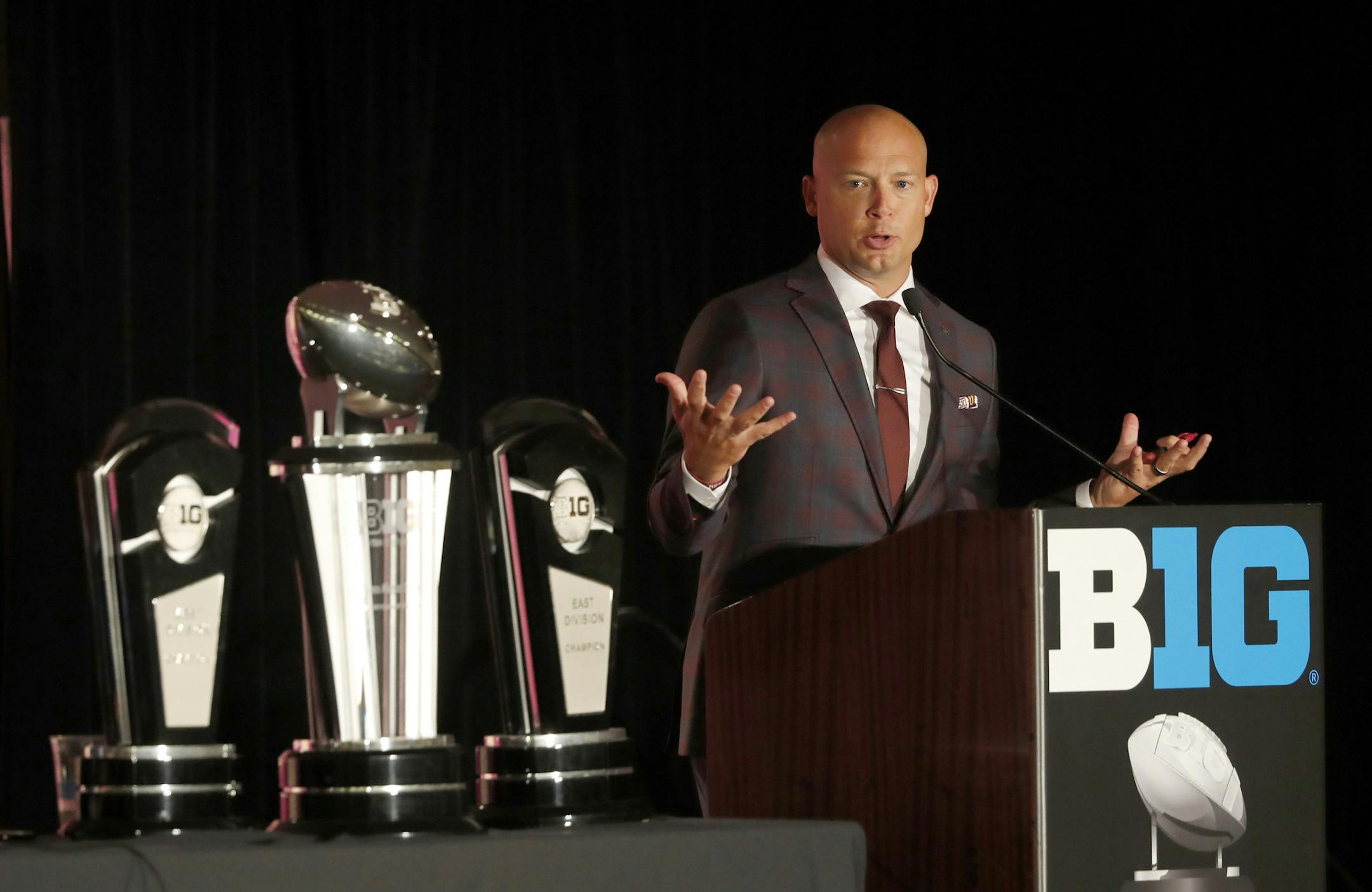Gophers coach P.J. Fleck answered questions during Big Ten football media days last month in Chicago.