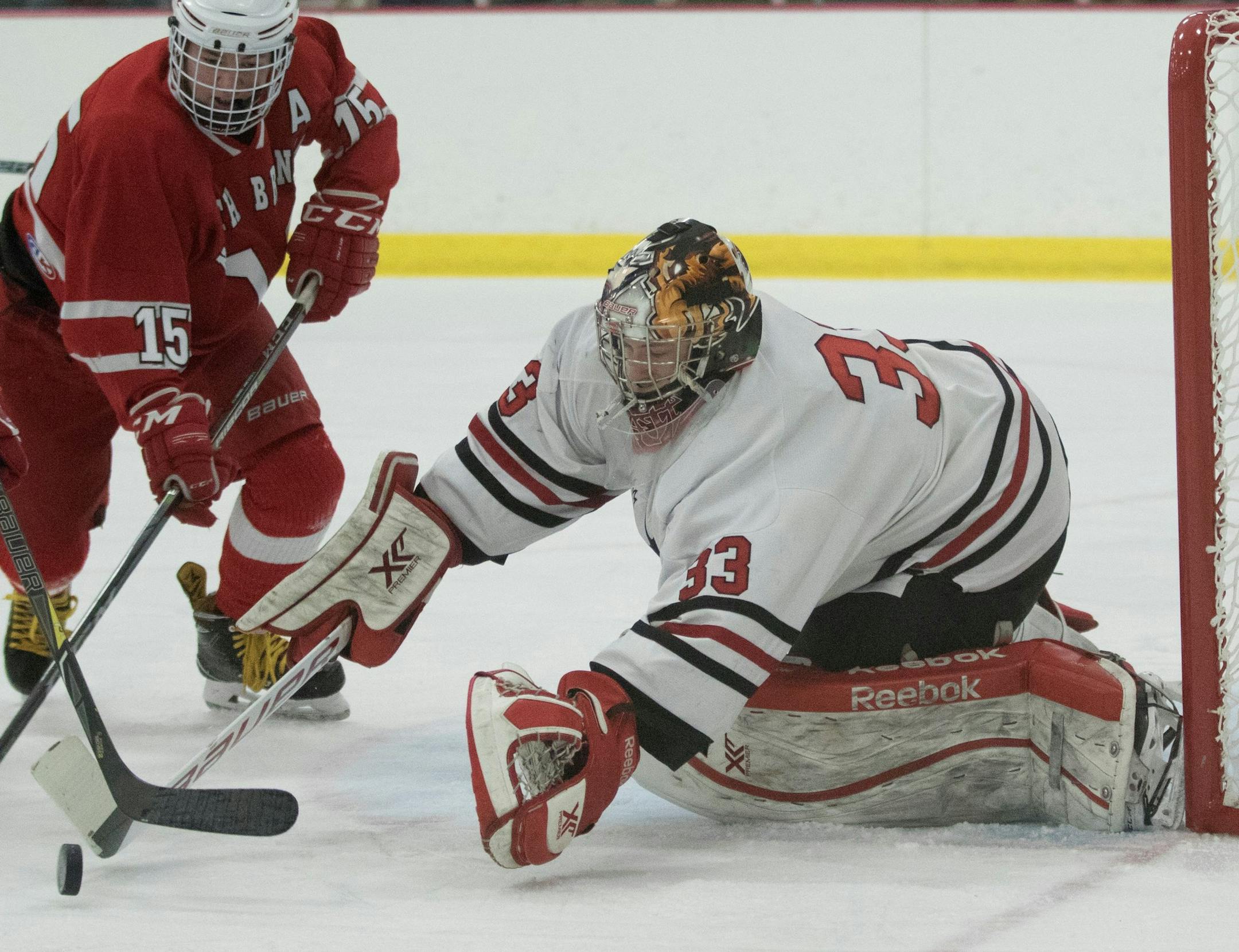 Monticello goaltender Tyler Klatt, Class 1A, Section 5 Final: Monticello vs North Branch Boys' Hockey. at the Elk River Ice Arena. March 1, 2018. Photo by Jeff Lawler/Courtesy MGA