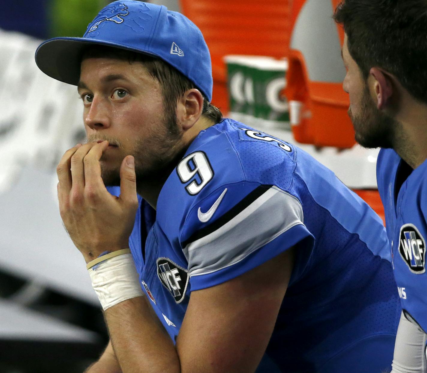 Detroit Lions' Matthew Stafford sits on the bench during an NFL football game against the Dallas Cowboys on Monday, Dec. 26, 2016, in Arlington, Texas. (AP Photo/Michael Ainsworth)