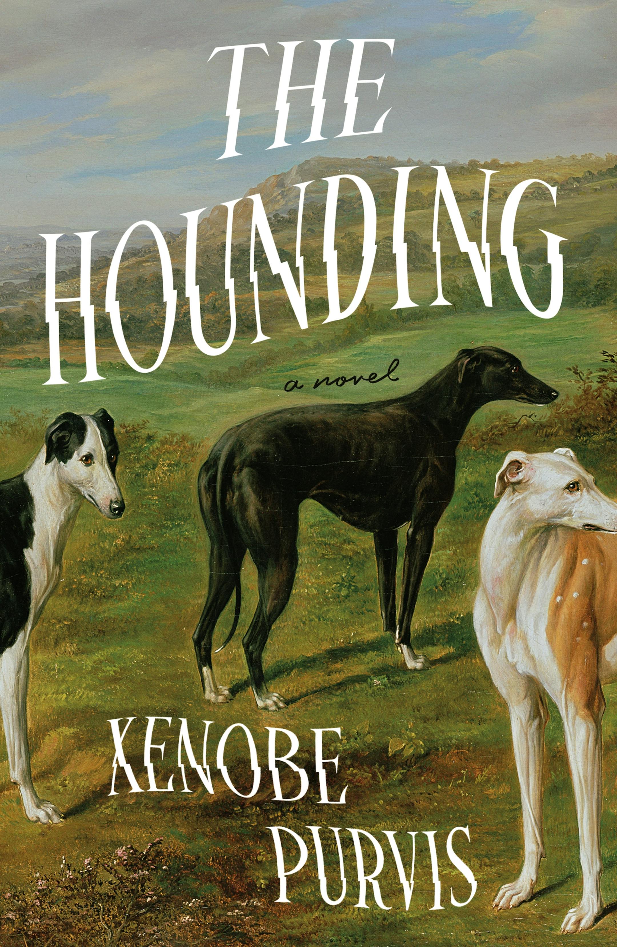 cover of The Hounding is a distorted painting of three dogs in a field