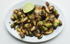 Crisp air-fryer Brussels sprouts with garlic, balsamic vinegar, soy sauce and lime, in New York, Oct. 2018. Melissa Clark cooked with an air fryer, th