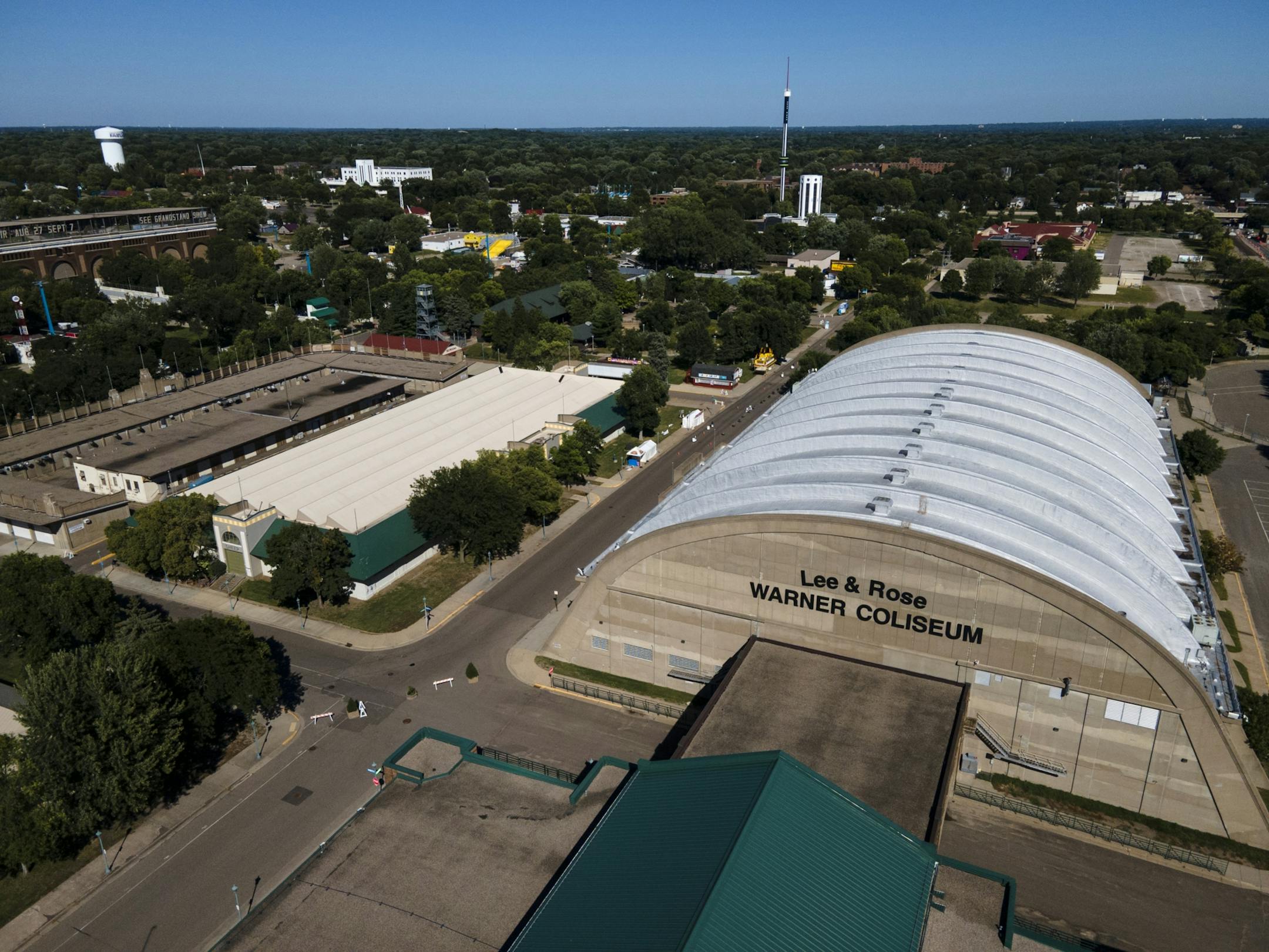 The Lee & Rose Warner Coliseum and surrounding livestock buildings.