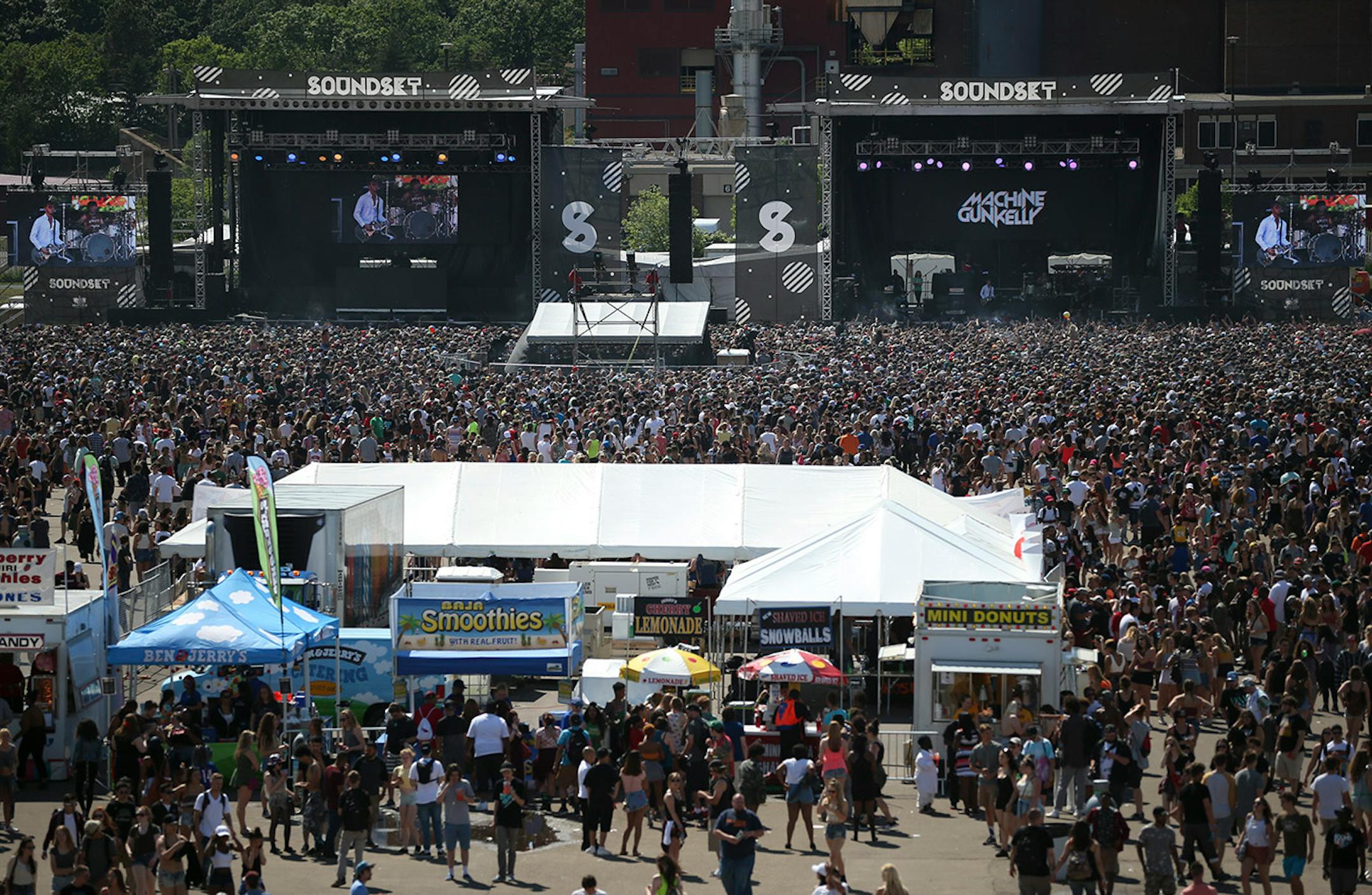 The side by side Main Stages, with Machine Gun Kelly on the right at Soundset 2016 Sunday afternoon.