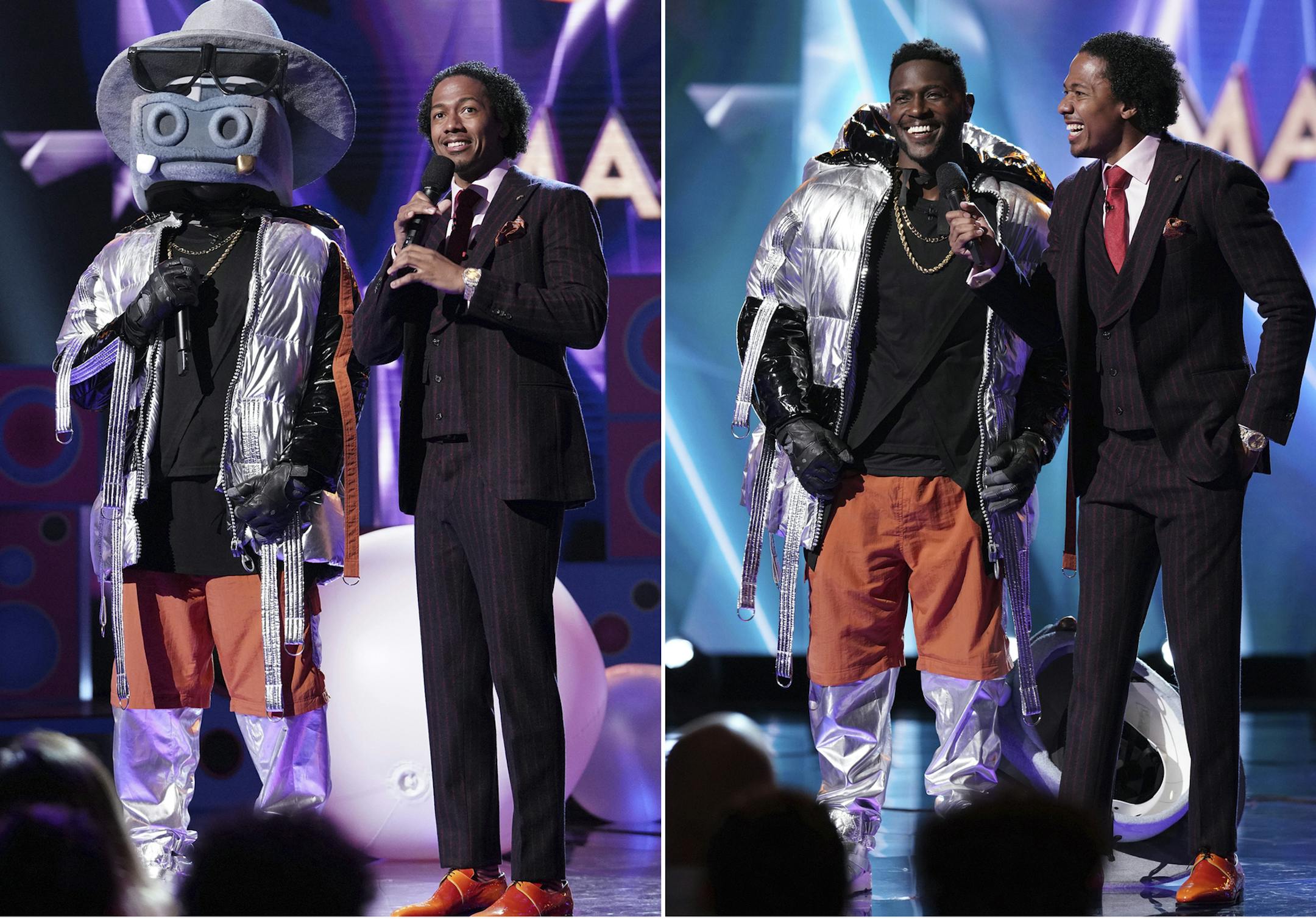 This combination of photos released by Fox shows NFL wide receiver Antonio Brown in a hippo costume as he stands with host Nick Cannon, left, and Brown after he revealed his identity in the series premiere of "The Masked Singer," which aired on Jan. 2. The Nielsen company said that 9.37 million people watched the series debut last Wednesday. That was the biggest audience to watch the premiere of any unscripted show on television in more than seven years. (Michael Becker/FOX via AP)