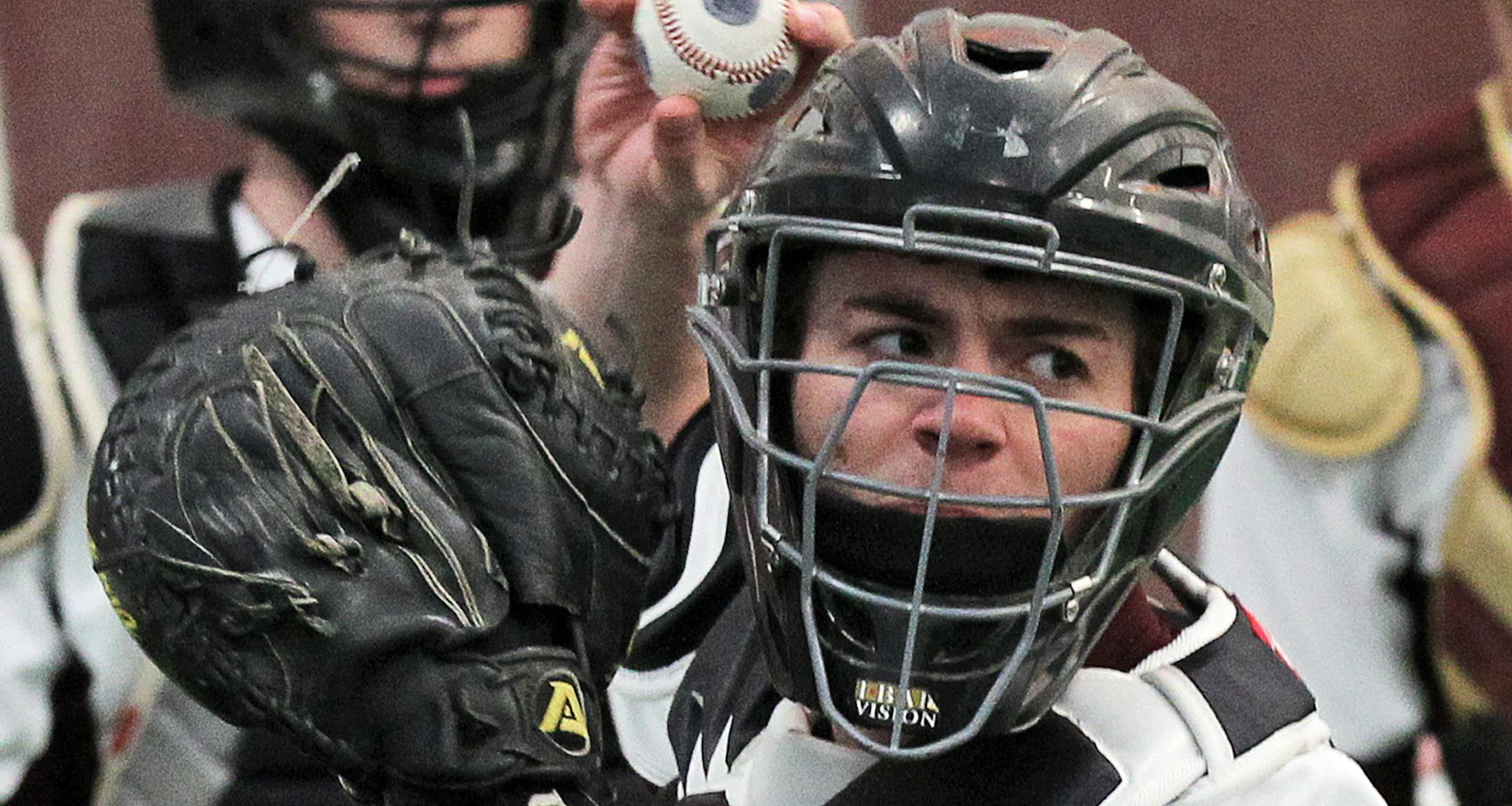 Forest Lake High baseball team practiced at FLAAA Sports Center in Forest Lake. Catcher Beau Fandel worked on his throwing tecniques. (MARLIN LEVISON/STARTRIBUNE(mlevison@startribune.com (cq all names from head coach) ORG XMIT: MIN1304041117015282