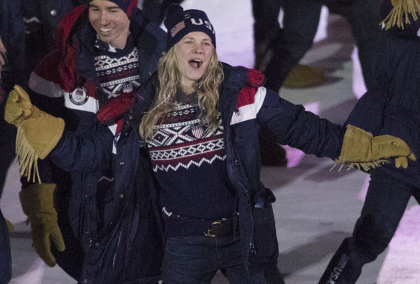 Team USA cross-country skier Jessie Diggins from Afton, Minnesota danced to Gangnam Style by Psy as she walked in Pyeongchang Olympic Stadium during Opening Ceremony. ] CARLOS GONZALEZ &#xef; cgonzalez@startribune.com - February 9, 2018, South Korea, 2018 Pyeongchang Winter Olympics,