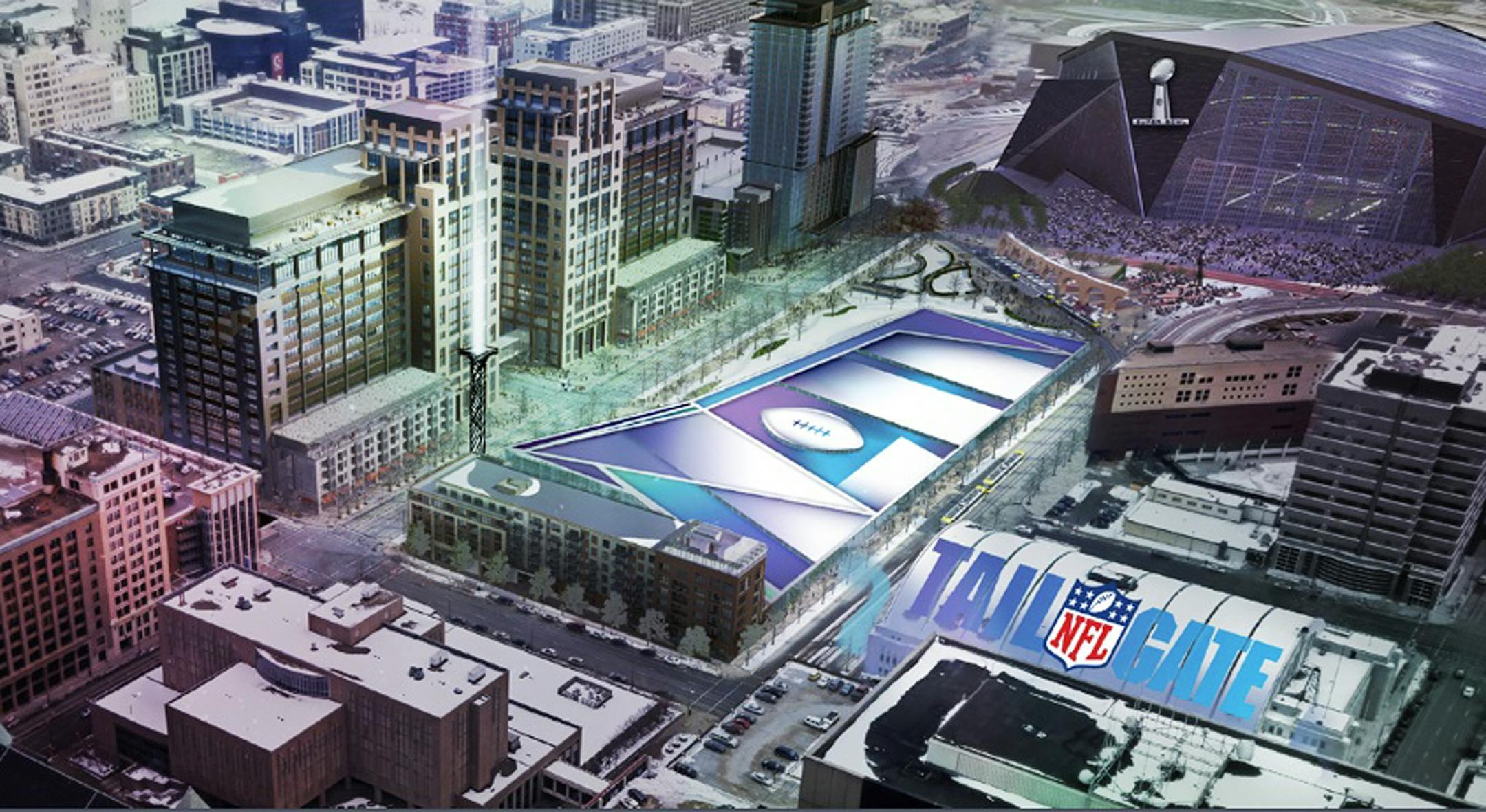 In this artist's rendering provided by the Vikings on Wednesday, a Super Bowl LII logo covers a seven-acre prime space for an NFL tailgate party next to the new stadium, top right, which is under construction in Minneapolis. The image was part of the presentation made to NFL team owners before they voted to hold the 2018 Super Bowl in Minneapolis.
