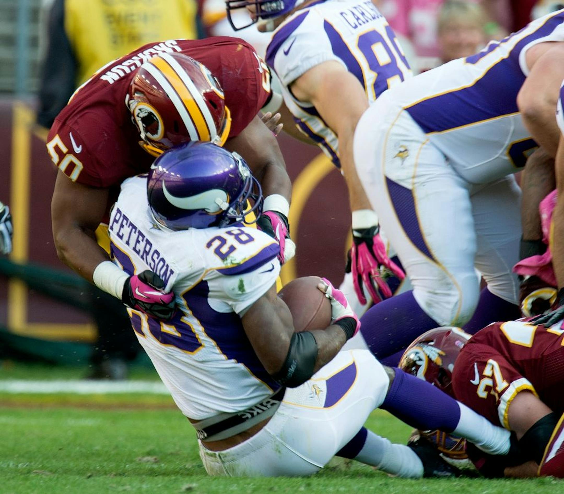 On first down from the Washington 14-yard line during the Vikings' second possession, Washington linebacker Rob Jackson and safety Reed Doughty teamed up to stop Adrian Peterson for a 2-yard loss. Three downs later, the Vikings settled for a 27-yard field goal.