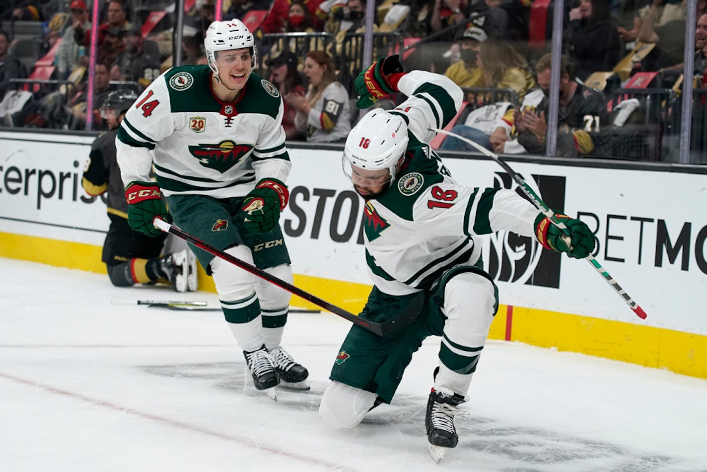 Minnesota Wild left wing Jordan Greenway (18) celebrates after scoring against the Vegas Golden Knights on Monday.