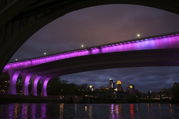 Landmarks will be bathed in purple this week to mark the anniversary of Prince&#x2019;s death. Above, the 1-35W bridge last year.