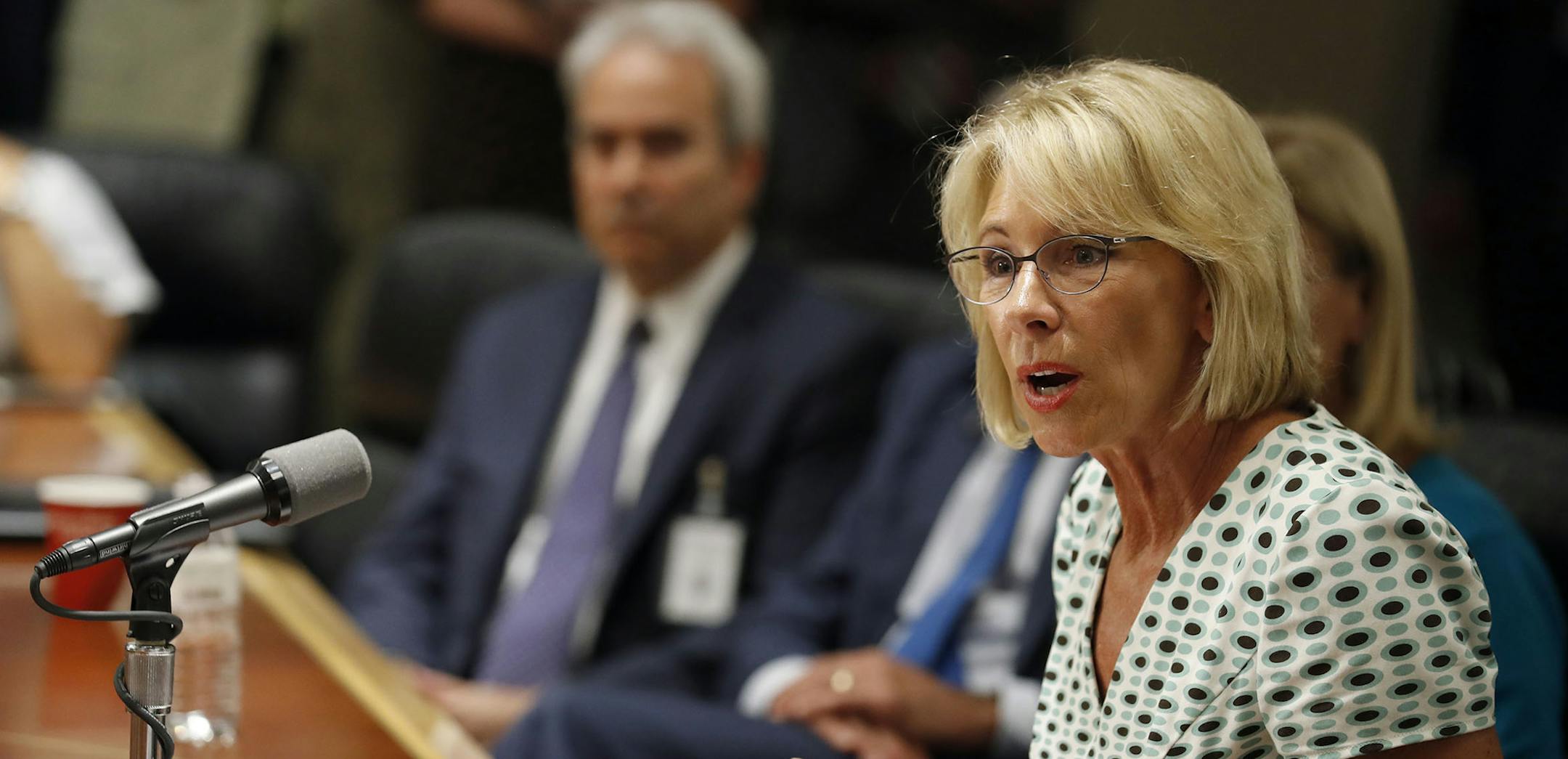 Education Secretary Betsy DeVos speaks with the media after a series of listening sessions about campus sexual violence, Thursday, July 13, 2017, in Washington. (AP Photo/Alex Brandon) ORG XMIT: MIN2017072014074035