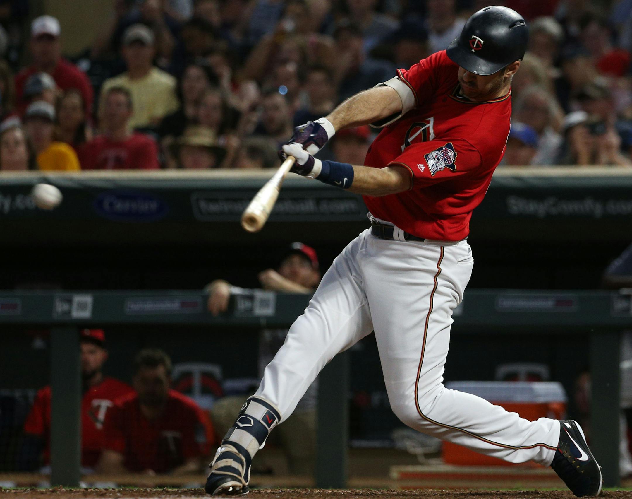 Minnesota Twins first baseman Joe Mauer (7) hits a single into the field. ] ALEX KORMANN • alex.kormann@startribune.com The Minnesota Twins took on the Kansas City Royals Friday night, August 3, 2018. At the bottom of the third inning the Twins had a 3-1 led by Sanõ and Mauer's RBI single and doubles, respectively.