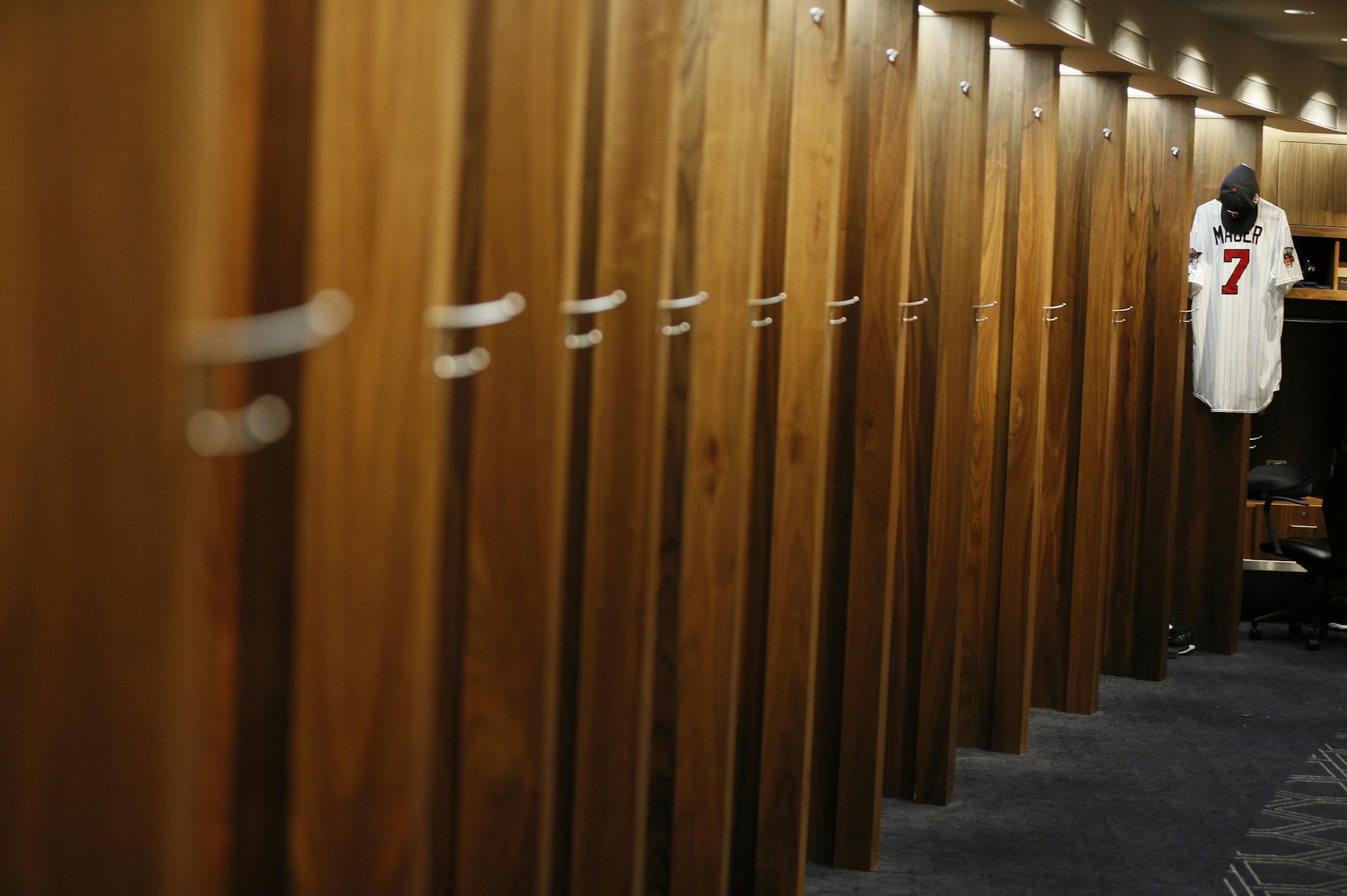Joe Mauer jersey hung at his locker on Monday as crews removed all off the players gear from the Twins locker room in preparation for the next weeks All Star events. Mauer has been placed on the 15-day disabled list with a strained Oblique and is not with team in Seattle . Twins staff and employees get ready for next weeks All Star events at Target Field Monday July 7, 2014 in Minneapolis MN. ] Jerry Holt Jerry.holt@startribune.com