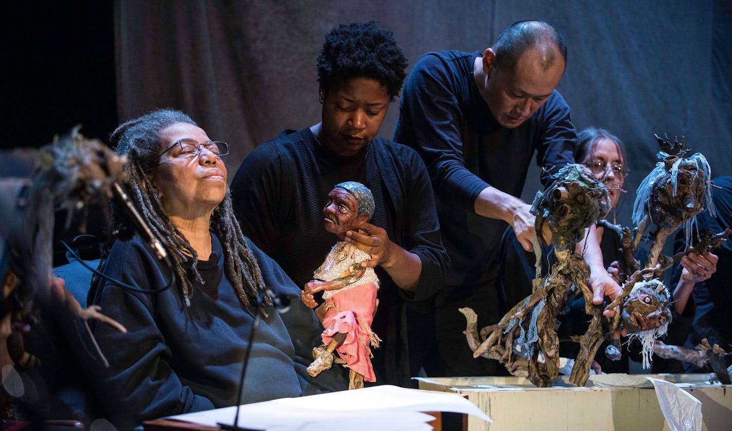 Laurie Carlos, left, in her final role, performing last fall with Junauda Petrus, Masanari Kawahara and Julie Boada in &#x201c;Queen&#x201d; at In the Heart of the Beast Puppet and Mask Theatre.