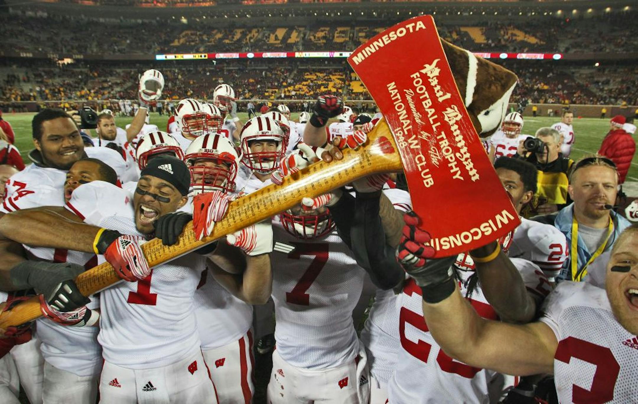 Wisconsin players carried Paul Bunyan's Axe off the field in 2011 after beating Minnesota, which was the last time the teams play at TCF Bank Stadium. The Badgers won that game 42-13.