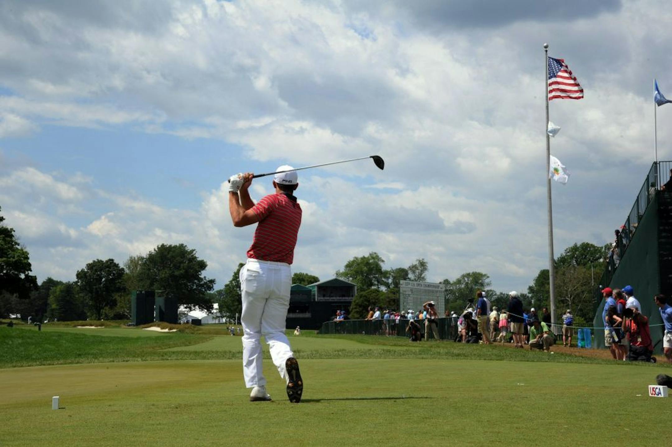 Billy Horschel tees off on the 14th hole during the second round of the 2013 U.S. Open at the Merion Golf Club East Course in Ardmore, Pennsylvania, on Friday, June 14, 2013.