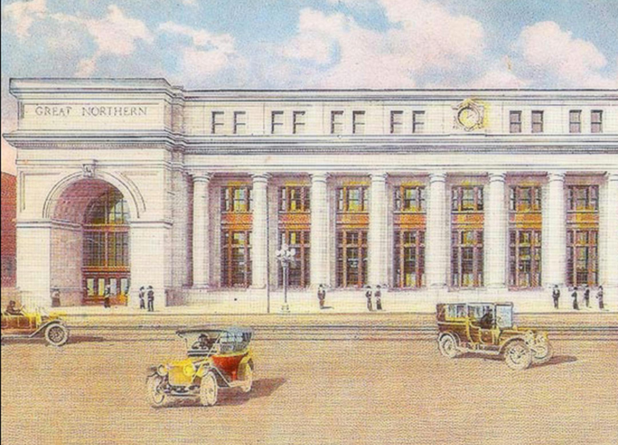 The Great Northern Depot in Minneapolis, located on Hennepin Avenue near the Mississippi River.