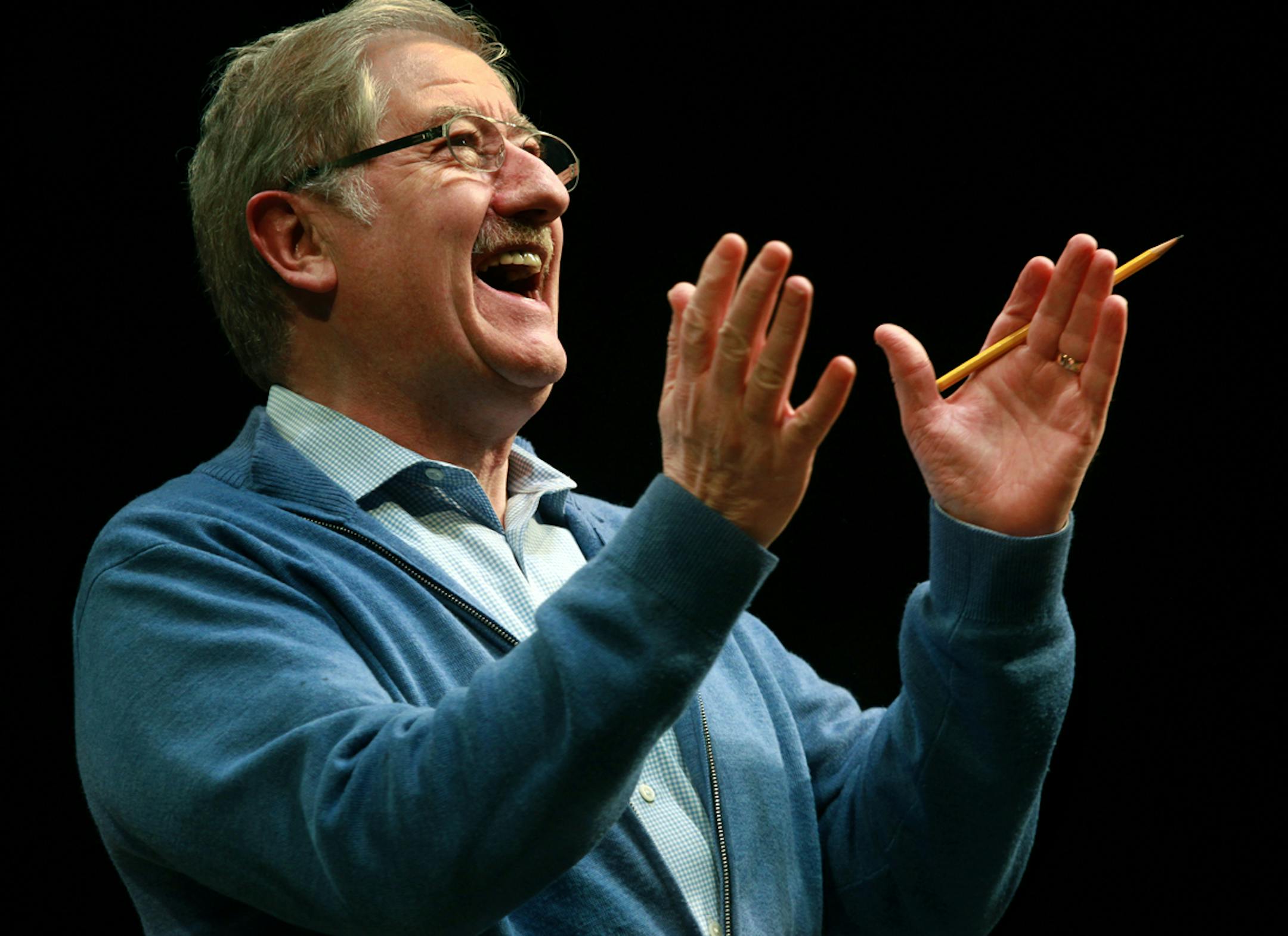 Director Joe Dowling reacts to a cast mis step during a rehearsal of the Play,'Long Days Journey Into The Night,' by Eugene O�Neill. The O'Niell Pulitzer Prize and Tony Award-winning autobiographical family drama, is the first in 50 years for the stages of the Guthrie.