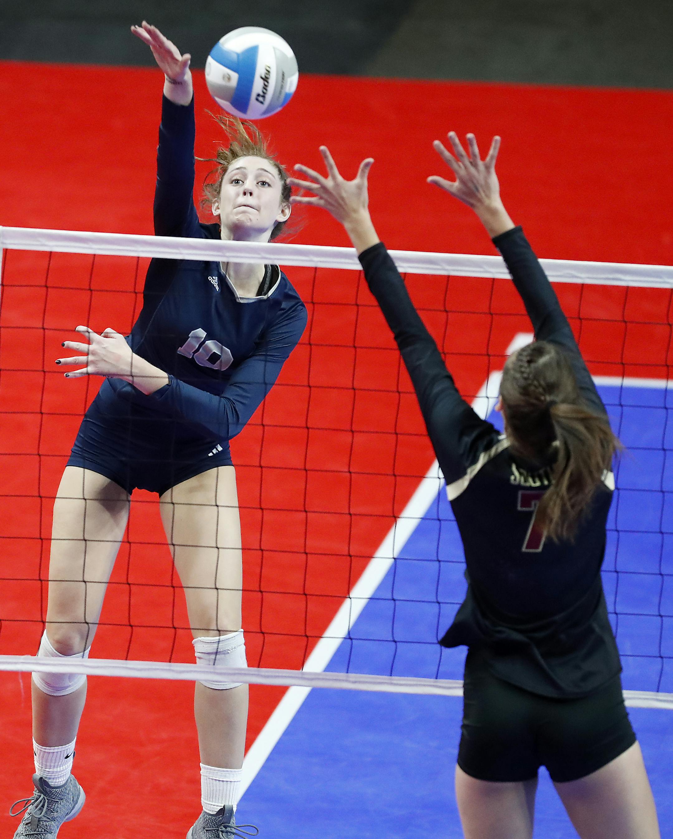 Emma Schmidt (10) of Champlin Park High School hits the ball. ] LEILA NAVIDI &#x2022; leila.navidi@startribune.com BACKGROUND INFORMATION: Champlin Park High School plays against Lakeville South High School in the Girls Volleyball Class 3A State semifinal match at Xcel Energy Center in St. Paul on Friday, November 9, 2018. Champlin Park High School won 3-1.
