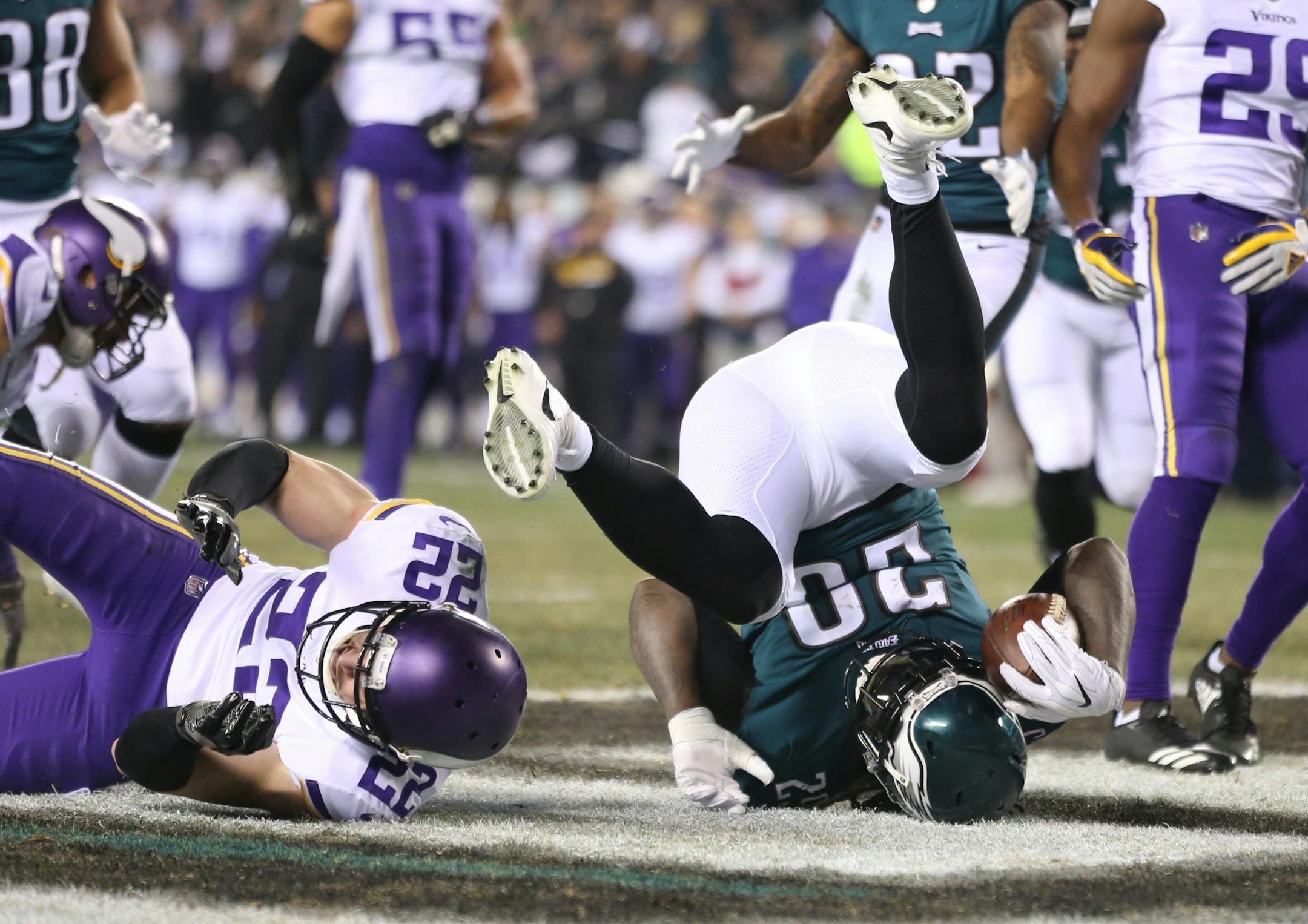 In their final six quarters — the 29-24 "Minneapolis Miracle" victory over the Saints and the 38-7 NFC Championship Game loss at Philadelphia — the Vikings gave up 62 points, including this touchdown to the Eagles.
