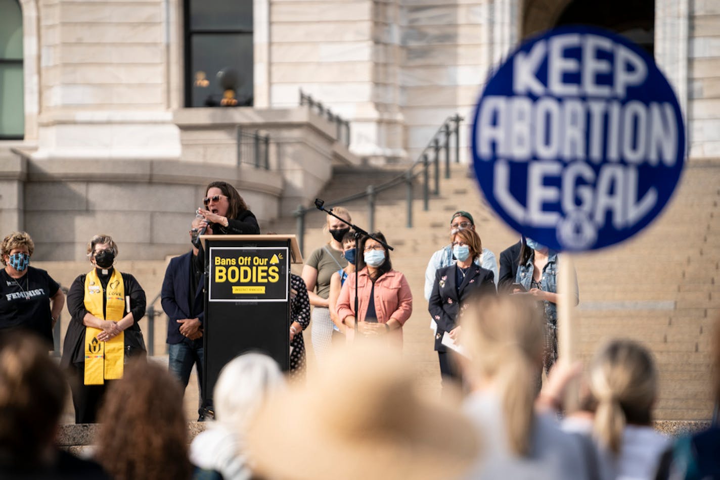 Senator Jennifer McEwen, who represents Duluth, spoke to about 250 people who gathered at the State Capitol in St. Paul, Minn., on Monday, September 13, 2021, to show their support for abortion rights and to protest the Supreme Court's recent decision on Texas' 6-week abortion ban.