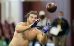 Former St. Thomas tight end Nick Guggemos made a catch during the University of Minnesota NFL football Pro Day in April.