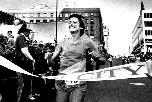 1982: Sally Brent of Sioux City, Iowa, was the first woman across the finish line.