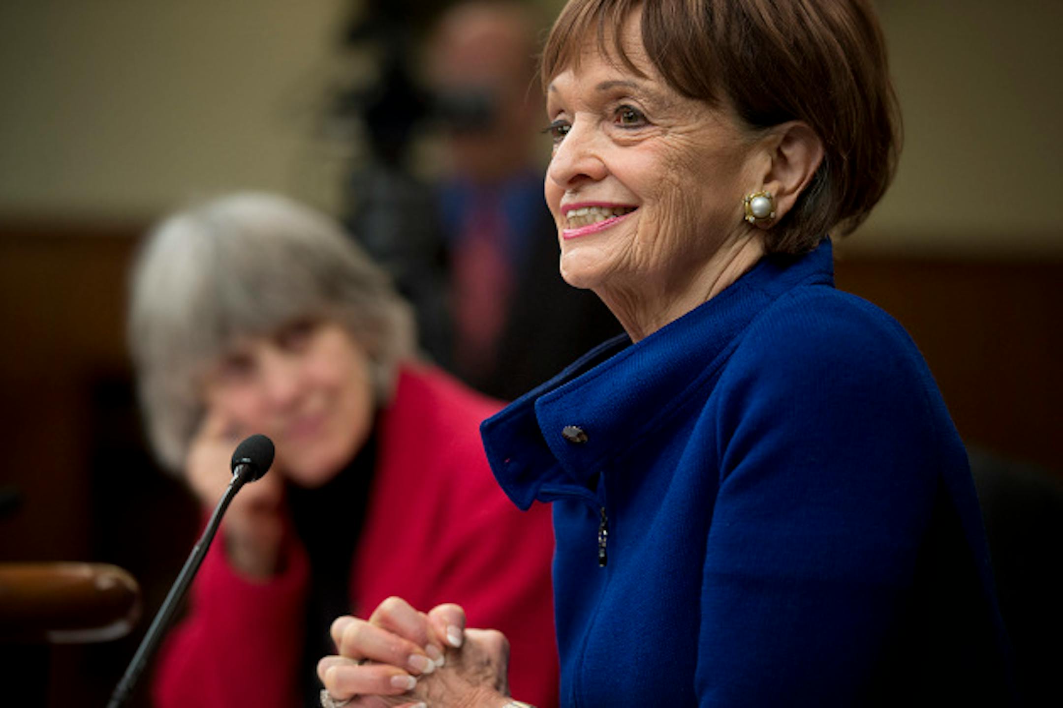 Marilyn Carlson Nelson, chair of Carlson Companies  testified in favor of the bill and its positive effect on business.  On the left is bill sponsor Rep. Karen Clark The gay marriage bill came before the Minnesota House civil law committee Tuesday, March 12, 2013.    ]   GLEN STUBBE * gstubbe@startribune.com
