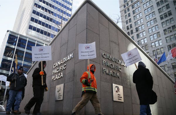 Members of the United Transportation Union picketed at the Canadian Pacific Railway&#x2019;s U.S. headquarters in Minneapolis about rail safety issues