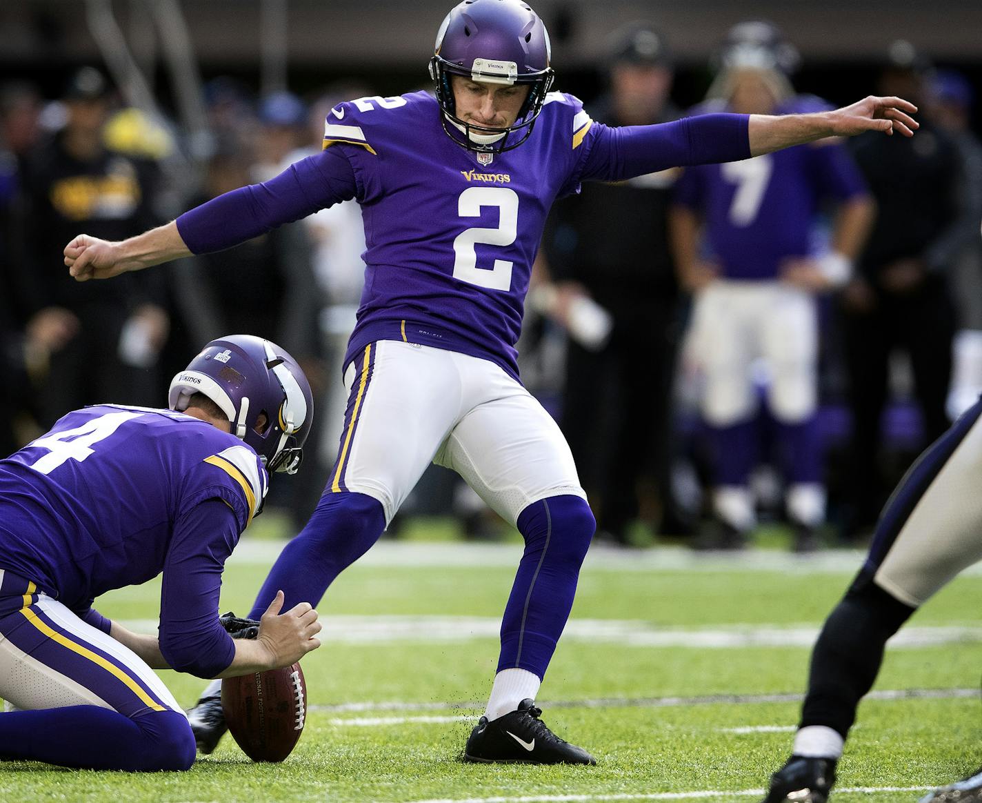 Minnesota Vikings' Kai Forbath kicks a 32-yard field goal in the fourth quarter against the Baltimore Ravens on Sunday, Oct. 22, 2017 at U.S. Bank Stadium in Minneapolis, Minn. (Carlos Gonzalez/Minneapolis Star Tribune/TNS) ORG XMIT: 1213890