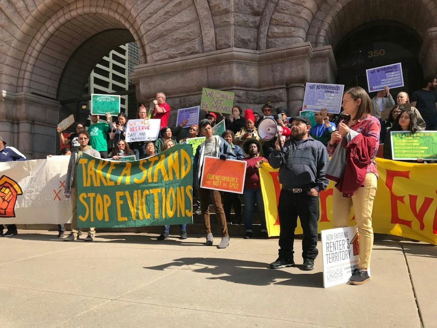 A group urging the Minneapolis City Council to support former tenants of embattled landlord Stephen Frenz rallied in front of Minneapolis City Hall after a council meeting Friday, May 3, 2019.