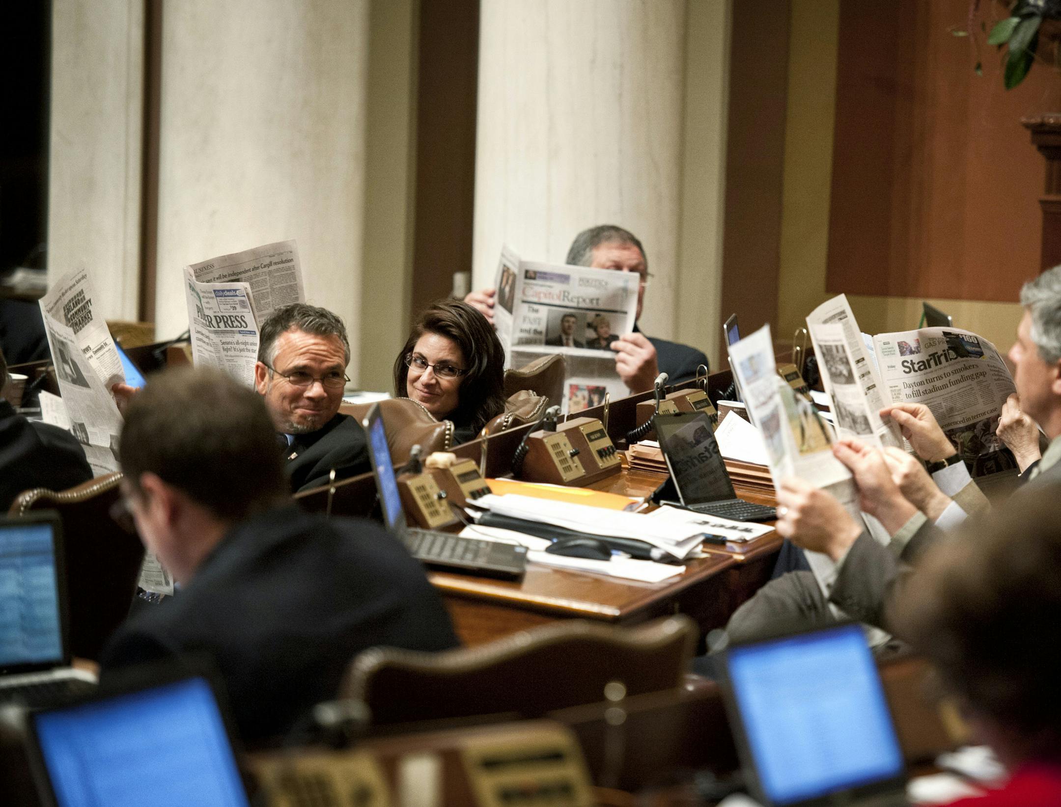 Many GOP House members pretended to read newspapers as the vote was taking place on the bonding bill as a show of defiance for the DFL majority bringing up a bonding bill in a non-bonding bill year. Members defeated the bonding bill 76-56, it needed 81 votes to pass. Friday, May 17, 2013 ] GLEN STUBBE * gstubbe@startribune.com