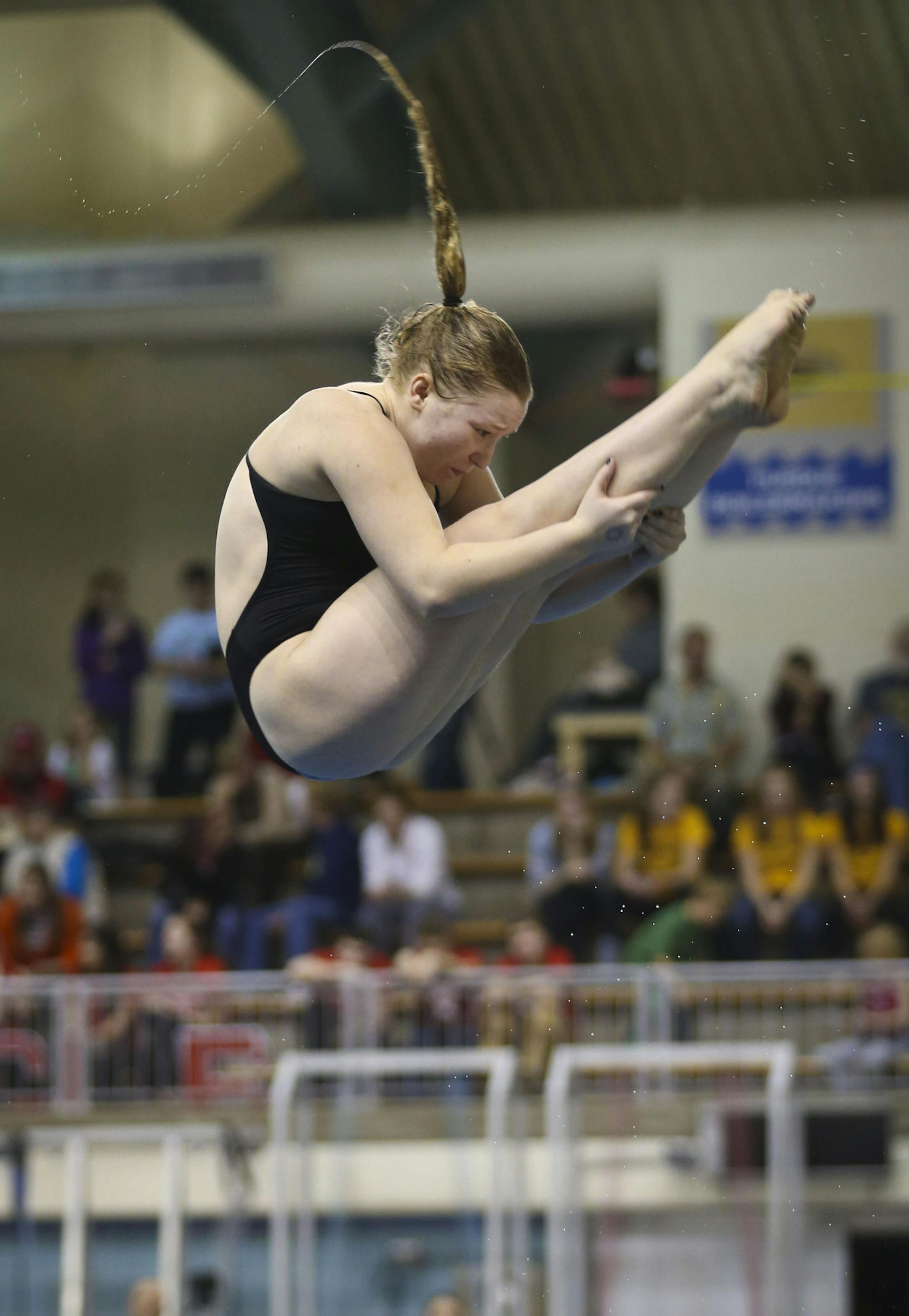 Mounds View's Kiley Kuether dove during the 2013 MSHSL GIrls AA Swim and Dive Championships on Wednesday, November 20, 2013 in the Aquatic Center in Minneapolis, Minn. Kuether won with a final score of 408.05. ] RENEE JONES SCHNEIDER &#xac;&#x2022; reneejones@startribune.com ORG XMIT: MIN1311202038340787