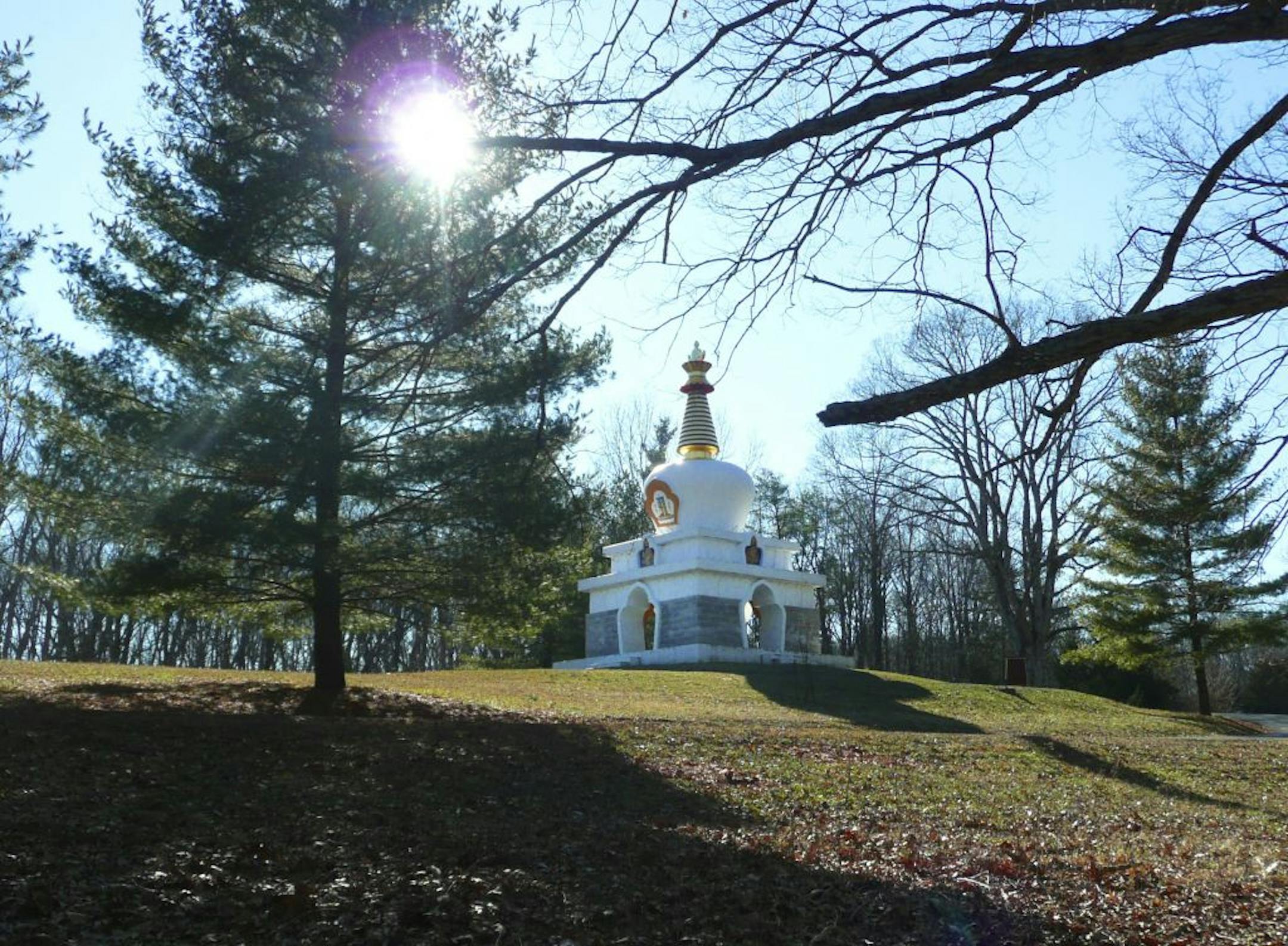 The Kalachakra Stupa, associated with cosmological and human life cycles, is one of the architectural highlights of the Tibetan Mongolian Buddhist Cultural Center in Bloomington, Indiana.