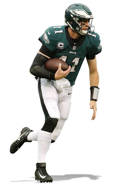 Philadelphia Eagles quarterback Carson Wentz (11) runs the ball during the first half of an NFL football game against the San Francisco 49ers, Sunday,