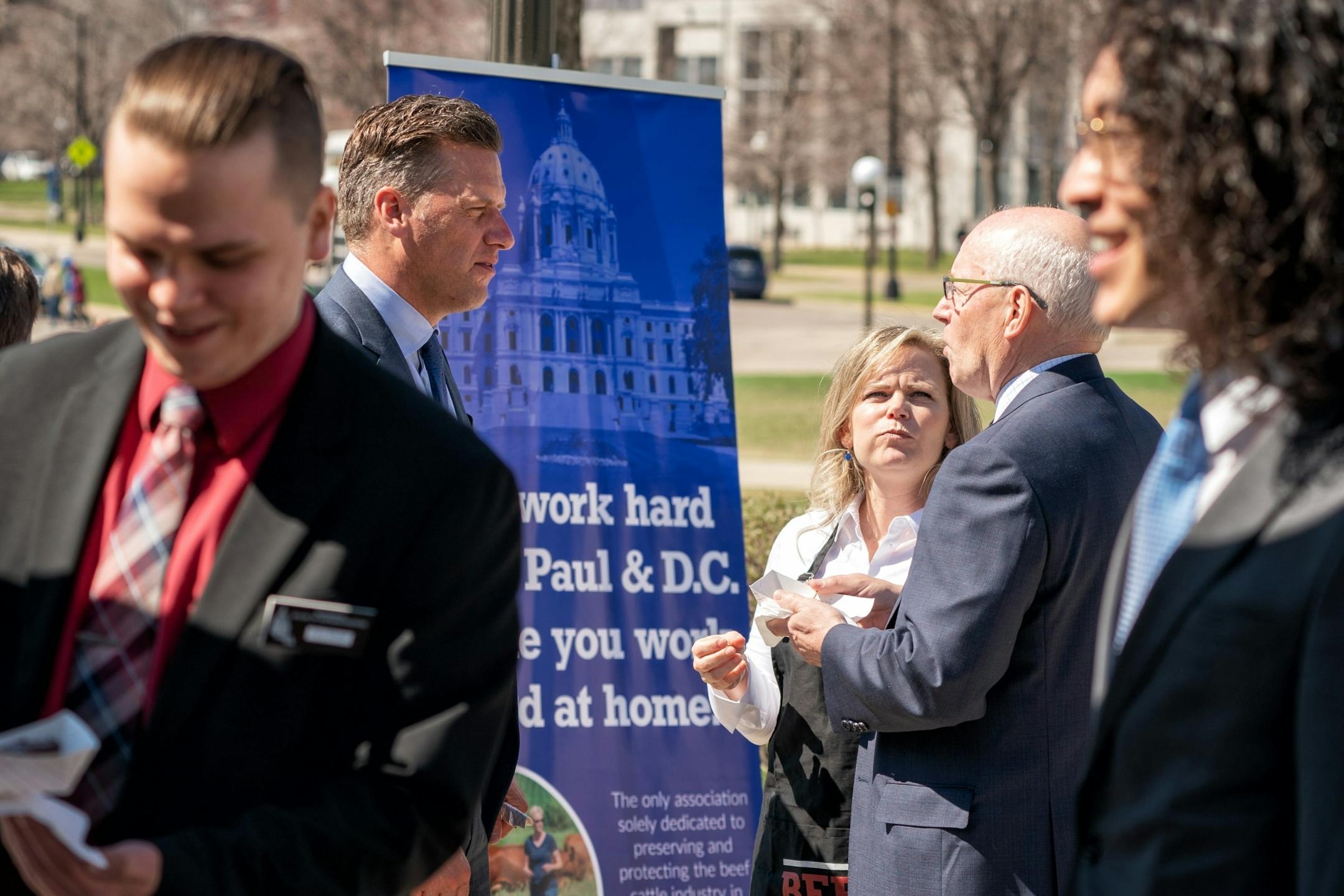 House Minority Leader Kurt Daudt and Assistant Minority Leader Ann Neu talked with MMB Commissioner Myron Frans at the annual Minnesota State Cattlemen's Association Steak on a Stick event.