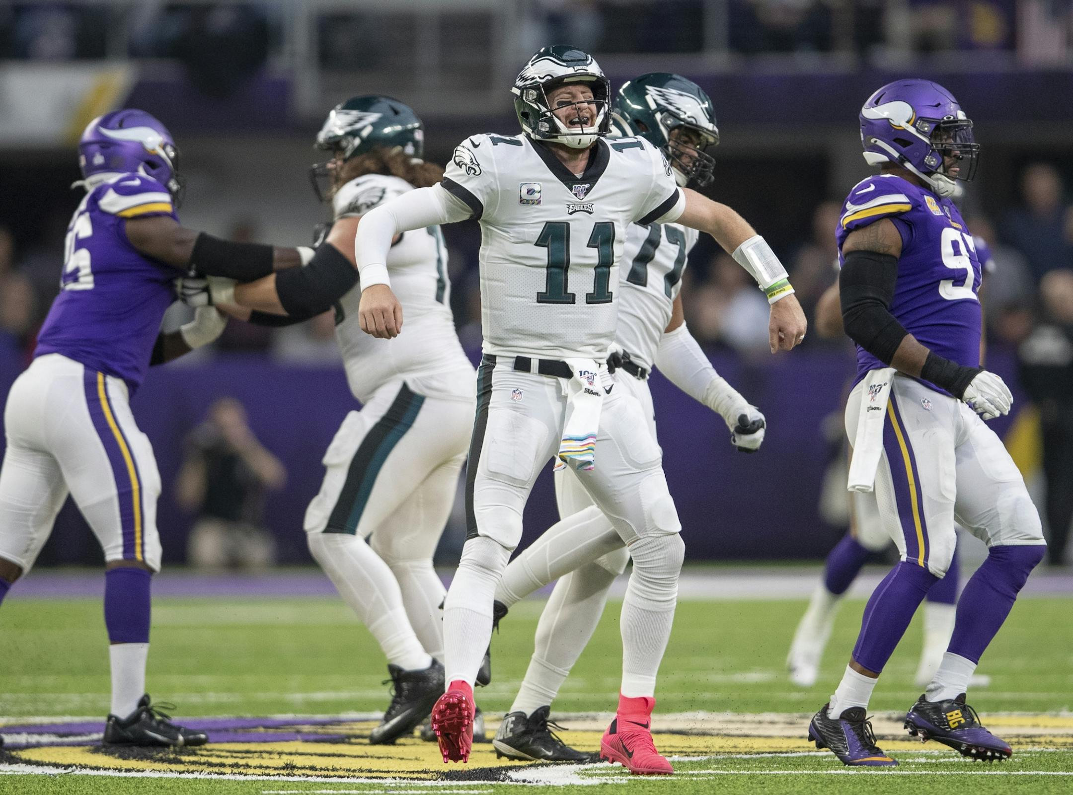 Eagles quarterback Carson Wentz showed his frustration after a delay of game call in the fourth quarter.
