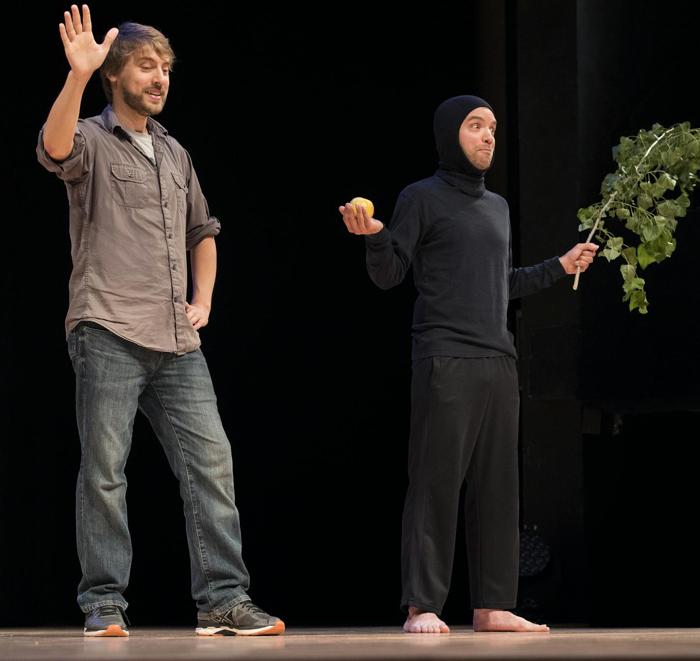 Ben San Del, left, and Joshua Scrimshaw, playing an apple tree, previewed a scene from "Apple Picking" at the Rarig Center on Monday night. ] Isaac Hale &#xef; isaac.hale@startribune.com Theatre groups took the stage at the Rarig Center in Minneapolis, MN, on Monday, July 25, 2016, and previewed 3-minute acts the stage productions they'll be performing at the upcoming Fringe Festival. Approximately 30 groups took their turns showcasing productions with a variety of formats, topics and genres.