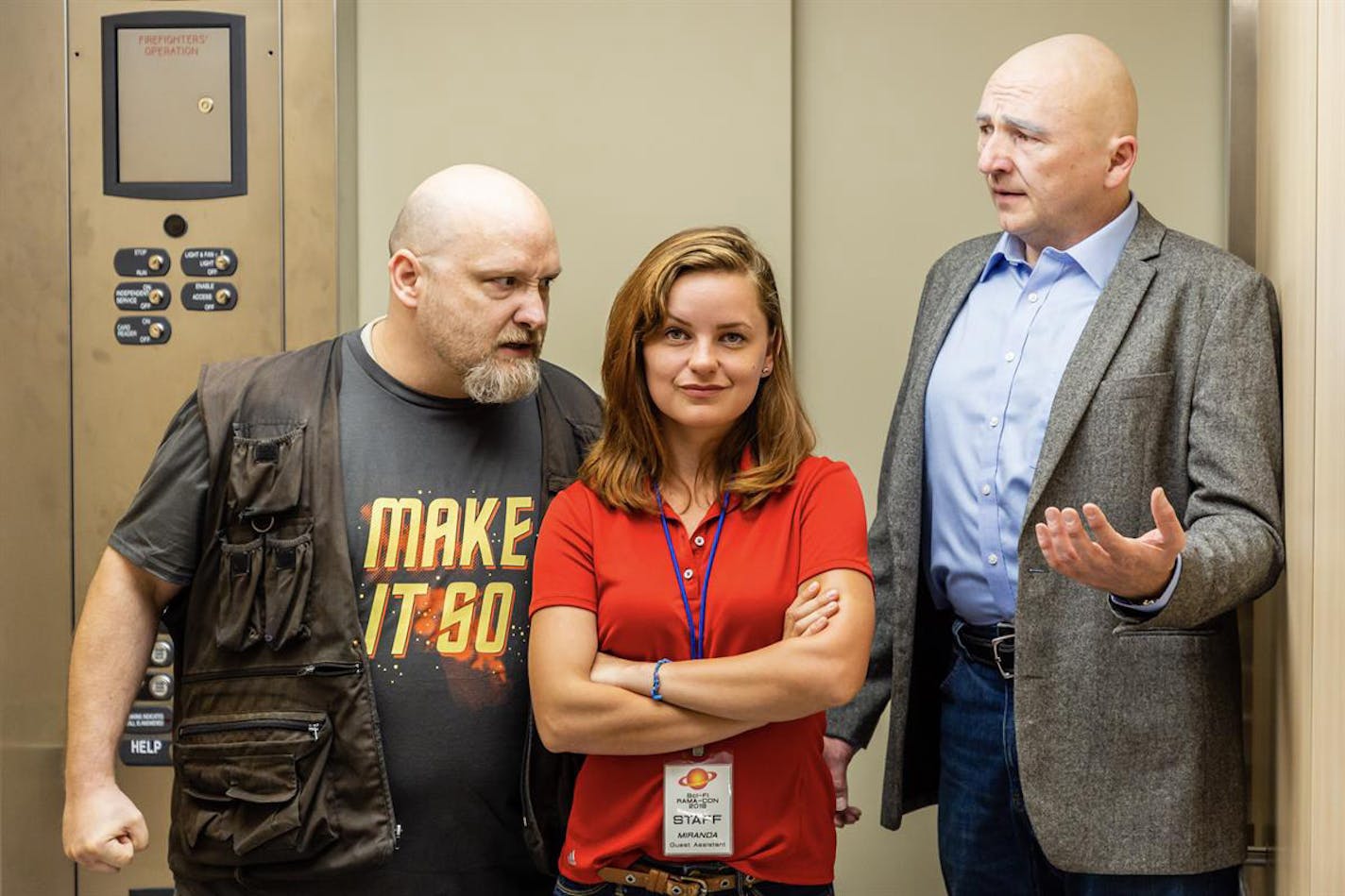 Stuck in an Elevator with Patrick Stewart II: The Wrath of Fandom. The Theatre Cosmic. (L to R) Travis Bedard, Ali Daniels, George Michael Calger. Photo by Kevin T. Houle.