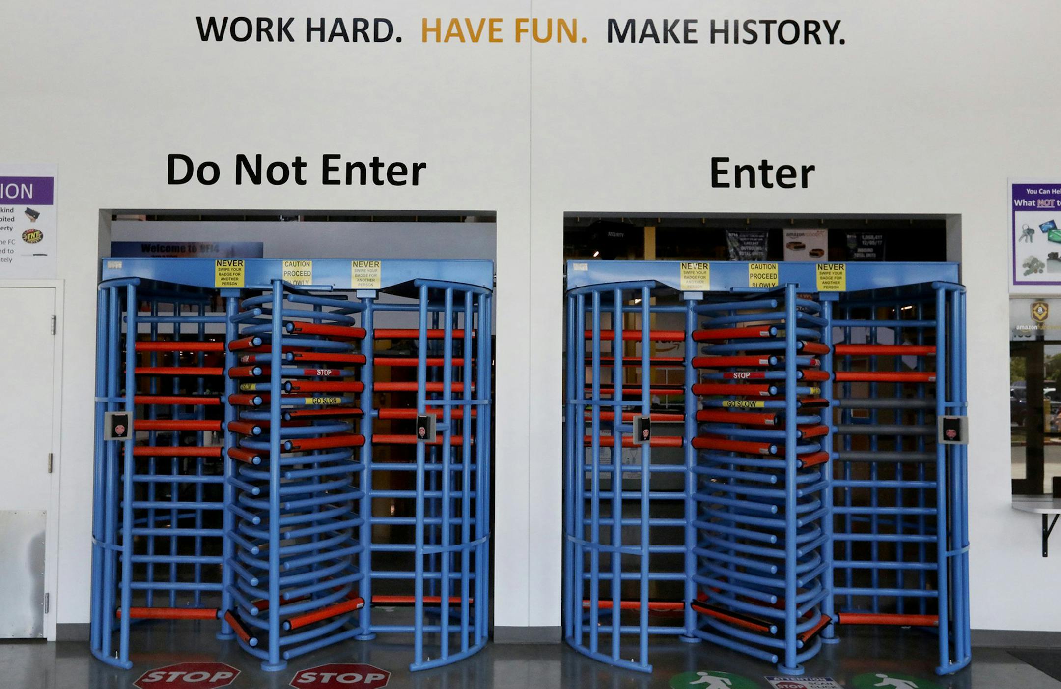 It's a highly secure facility with these turnstile entries and exits at the Amazon fulfillment center in Kent, Wash. (Alan Berner/Seattle Times/TNS)