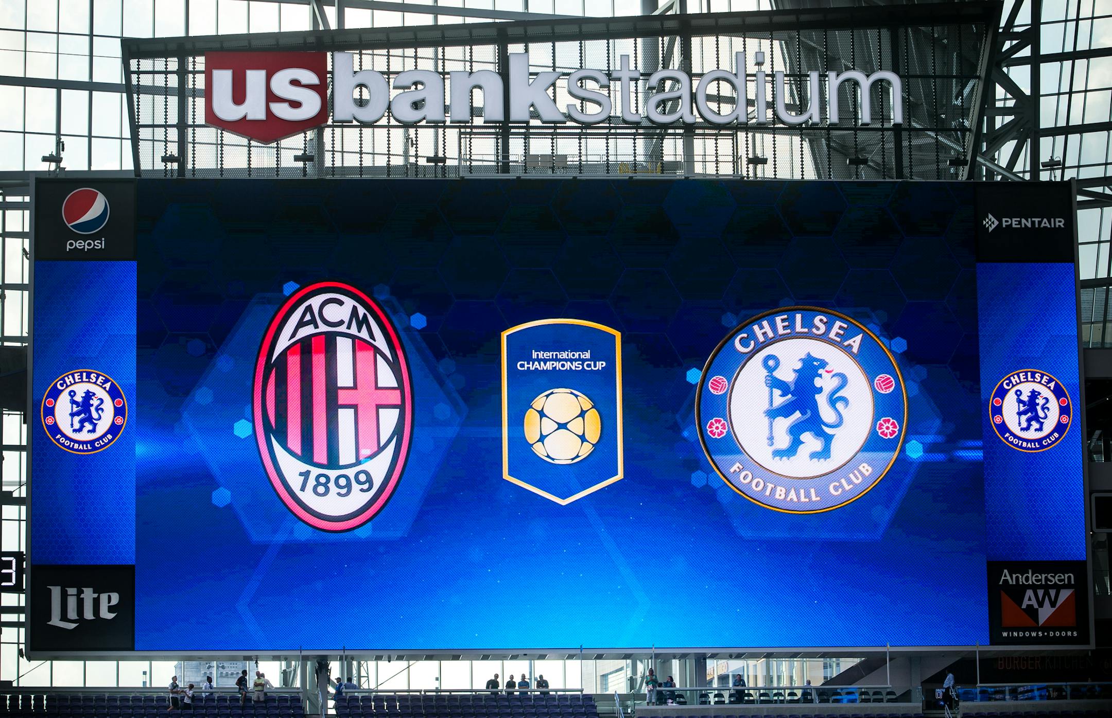 The Chelsea FC and AC Milan team logos were presented on the video displays Tuesday night at US Bank Stadium as fans watched Chelsea FC's practice from the concourse. ] (AARON LAVINSKY/STAR TRIBUNE) aaron.lavinsky@startribune.com Preview photos for Wednesday night's Chelsea vs. Milan International Champions Cup match at US Bank Stadium, the first sporting event to be held at the new venue. Photographed Tuesday, August 2, 2016 in Minneapolis, Minn.