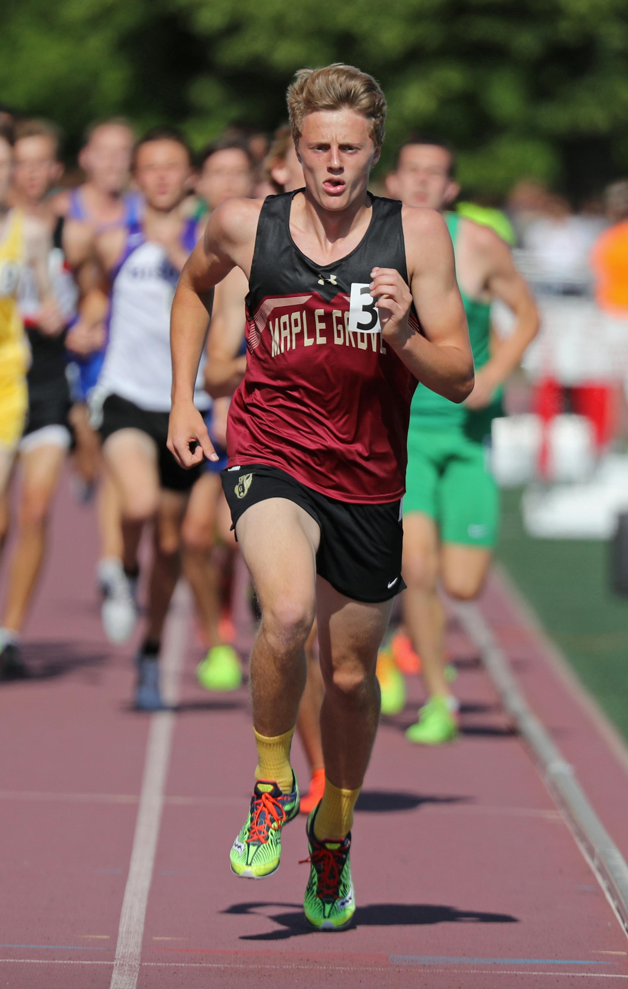 Alex Miley of Maple Grove easily won the boys 3200mm run. ] Shari L. Gross ï sgross@startribune.com Day one of the MSHSL state track meet took place at Klas Field on the campus of Hamline University in St. Paul, Minn. on Friday, June 9, 2017