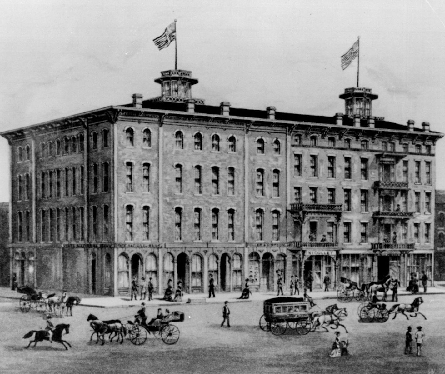 May 10, 1990 The Nicollet House at Washington Av. and Nicollet (site of the present Nicollet Hotel) had been enlarged by 1875 and was the most prominent landmark of old Minneapolis. When the Nicollet became a magnet for social life, it was only natural that retail and other business should center on it. May 4, 1990 Duane Braley, Minneapolis Star Tribune; Minnesota Historical Society ORG XMIT: MIN2014112319294958