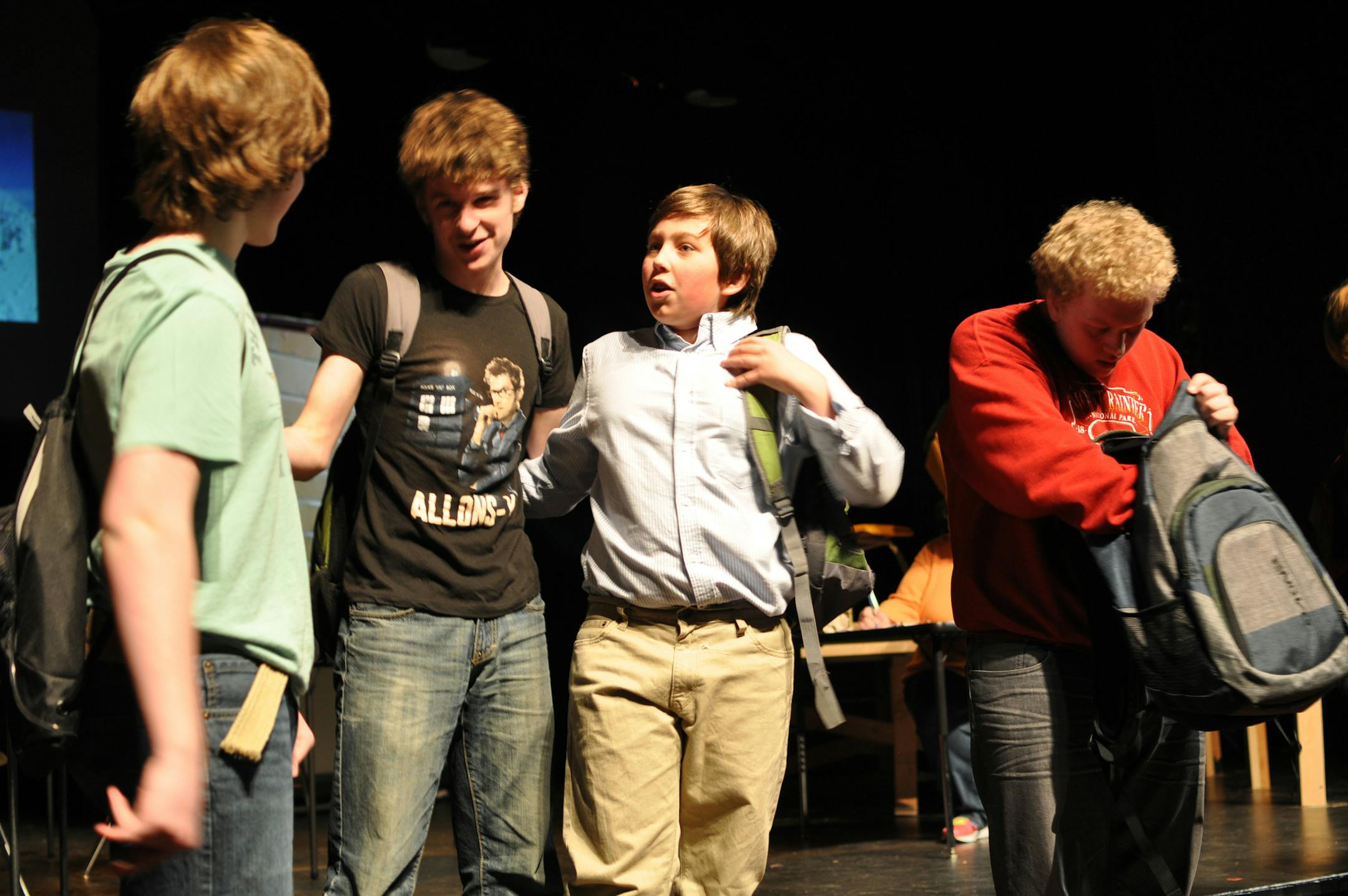William Patton of Hastings, Sid Price of Woodbury, Lucas Ussatis of Hastings and Noah Burkitt of St. Paul star in one of seven bite-sized original stories based on life in Hastings, presented by Black Dirt Theater. It continues its run at the Hastings Middle School auditorium Sunday and next weekend.