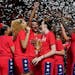 The United States hold their trophy as they celebrate on the podium after defeating China in the gold medal game at the women's Basketball World Cup i