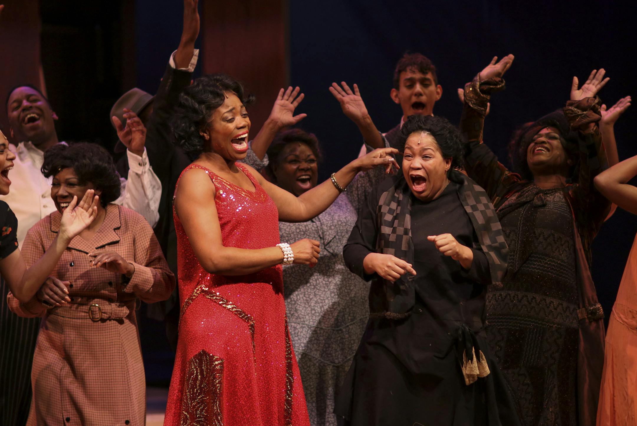 Aimee K. Bryant as Celie reacted to her first taste of alcohol while in a scene with Regina Marie Williams' Shug Avery during rehearsal of the first act of "The Color Purple." ] JEFF WHEELER &#x2022; jeff.wheeler@startribune.com Park Square Theatre in St. Paul is staging the regional premiere of "The Color Purple." The cast rehearsed Wednesday night, January 14, 2014.