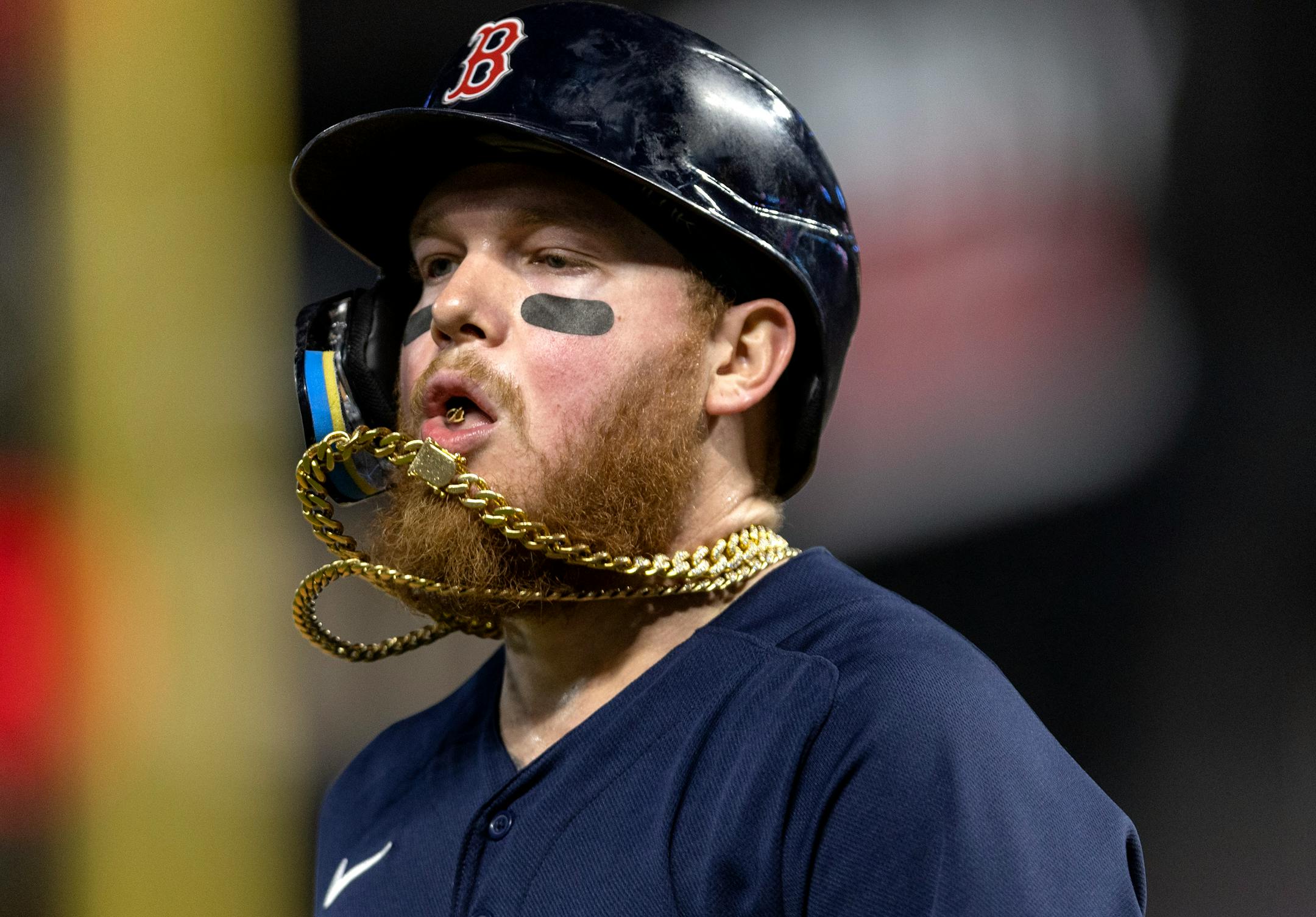 Alex Verdugo of the Boston Red Sox celebrates after scoring in the fifth inning.