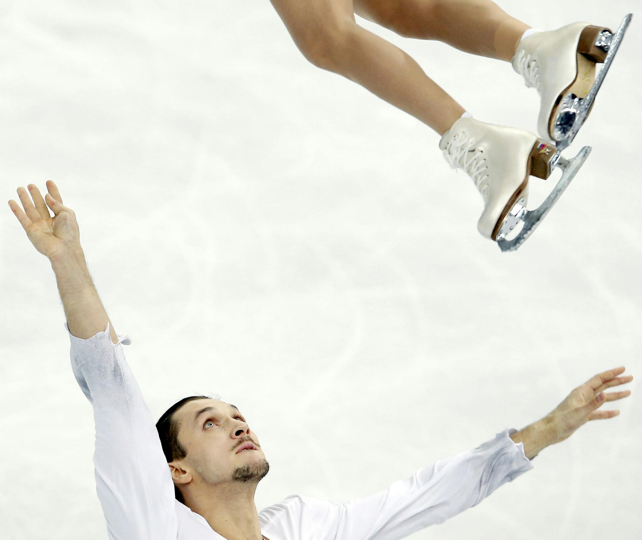 Russia's Tatiana Volosozhar and Maxim Trankov performed during the pairs free program. Russia's Tatiana Volosozhar and Maxim Trankov won the gold medal with a score of 236.86, while Russia's Ksenia Stolbova and Fedor Klimov took the silver with a score of 218.68. The bronze medal went to Germany's Aliona Savchenko and Robin Szolokowy (215.78). ] CARLOS GONZALEZ cgonzalez@startribune.com - February 12, 2013, Sochi, Russia, Sochi 2014 Winter Olympics, Iceberg Skating Palace, pairs free skate